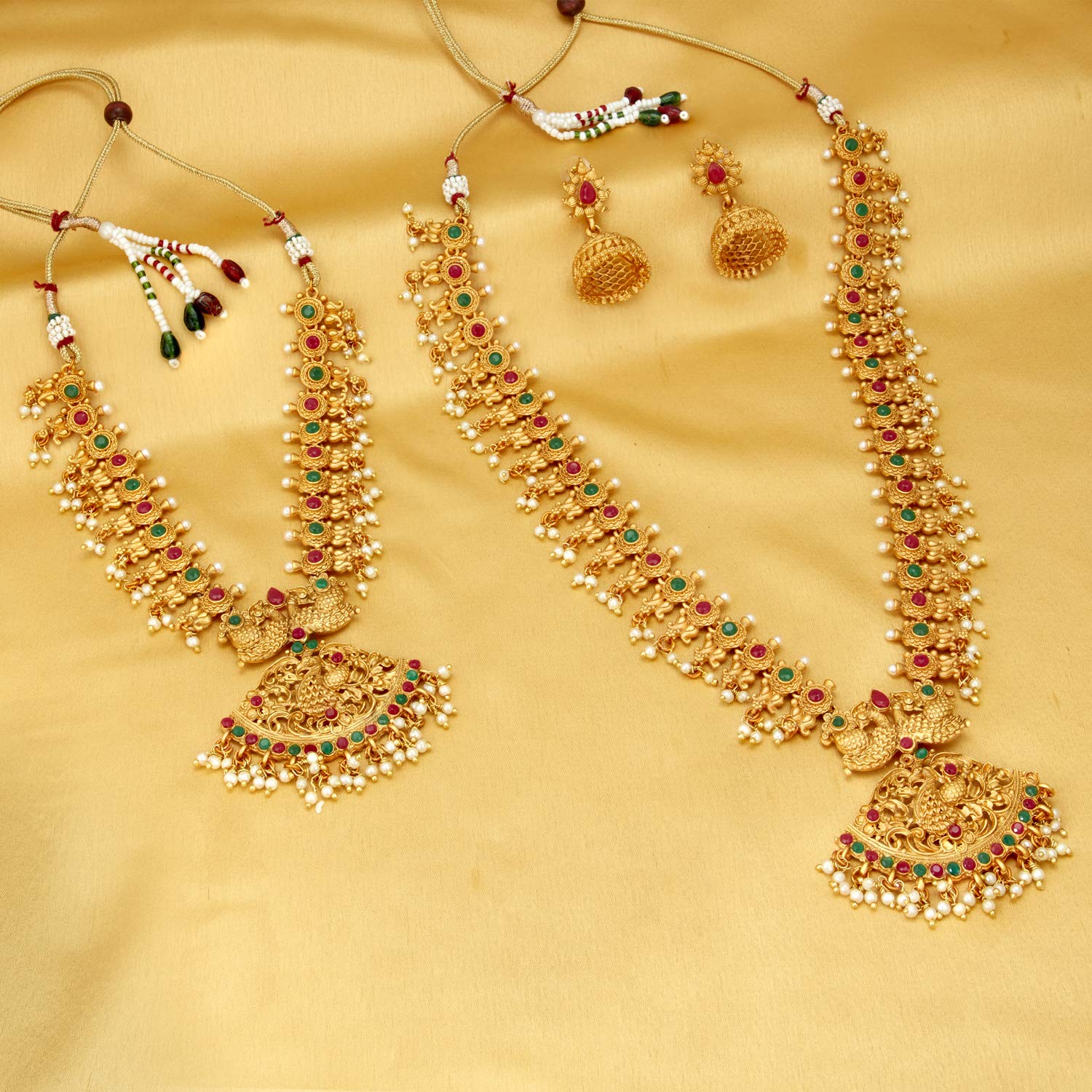 Sukkhi Classic Pearl Gold Plated Long Haram Necklace Set for Women (SKR70419), Pink & Green, Free Size