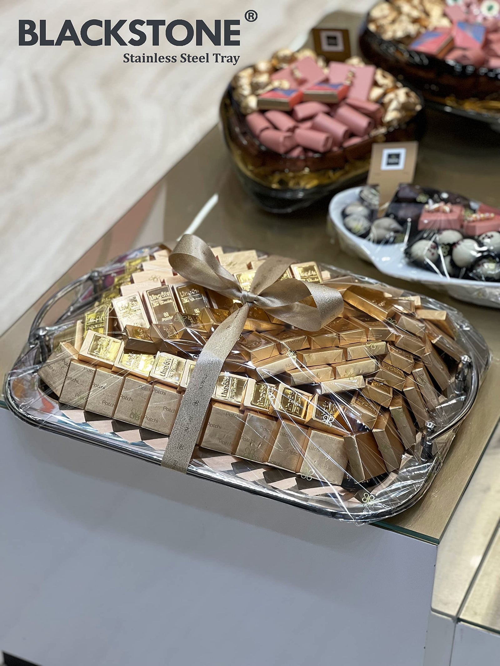 Blackstone Stainless Steel Serving Tray With Gold Handle (33X46 CM)