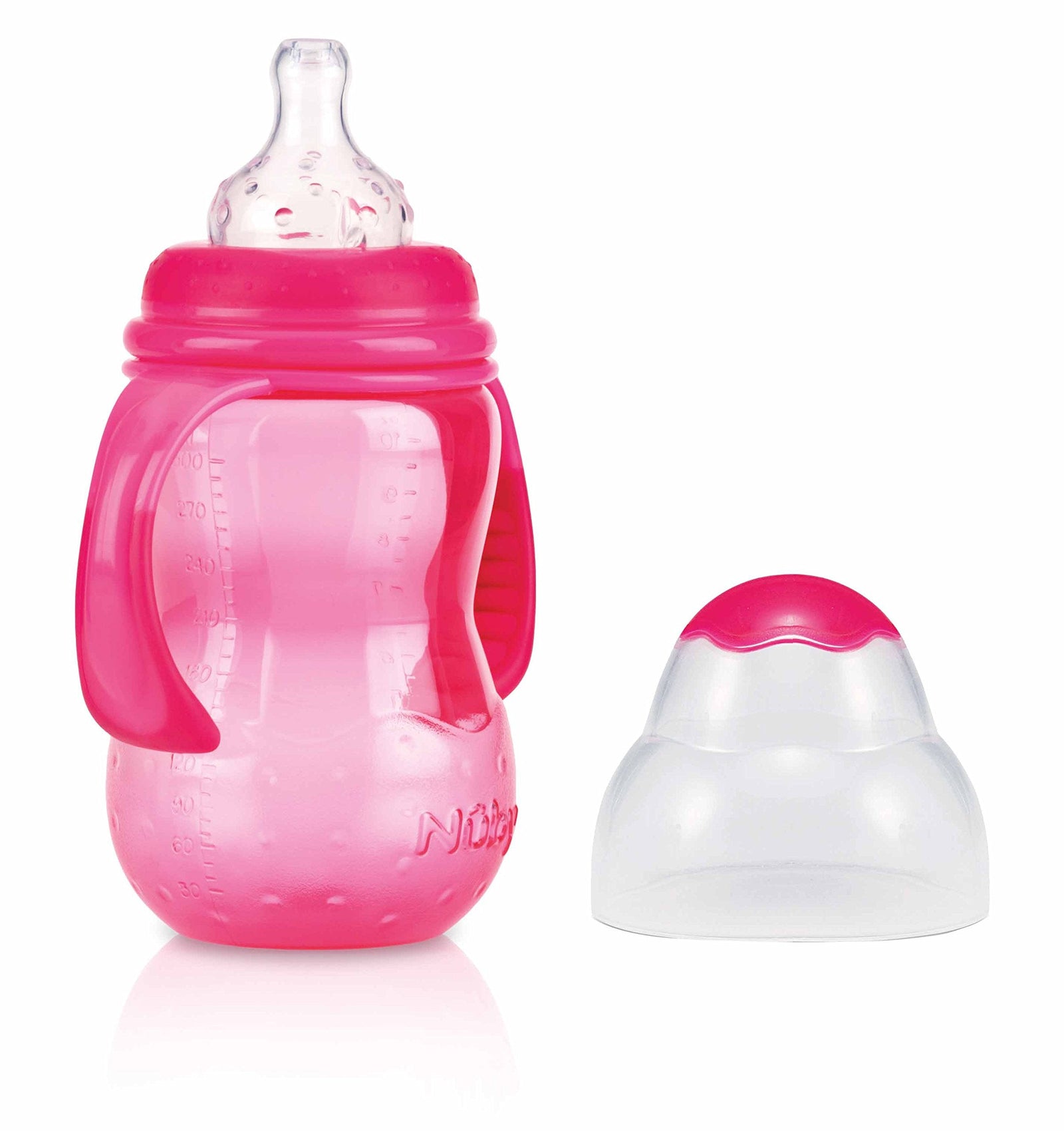 Nûby 1095 Wide-Neck Polypropylene Bottle 300 ml with Handles and No-Spill Silicone Variable-Flow Teat Suitable for 4 Months and Older (Colour Chosen at Random)