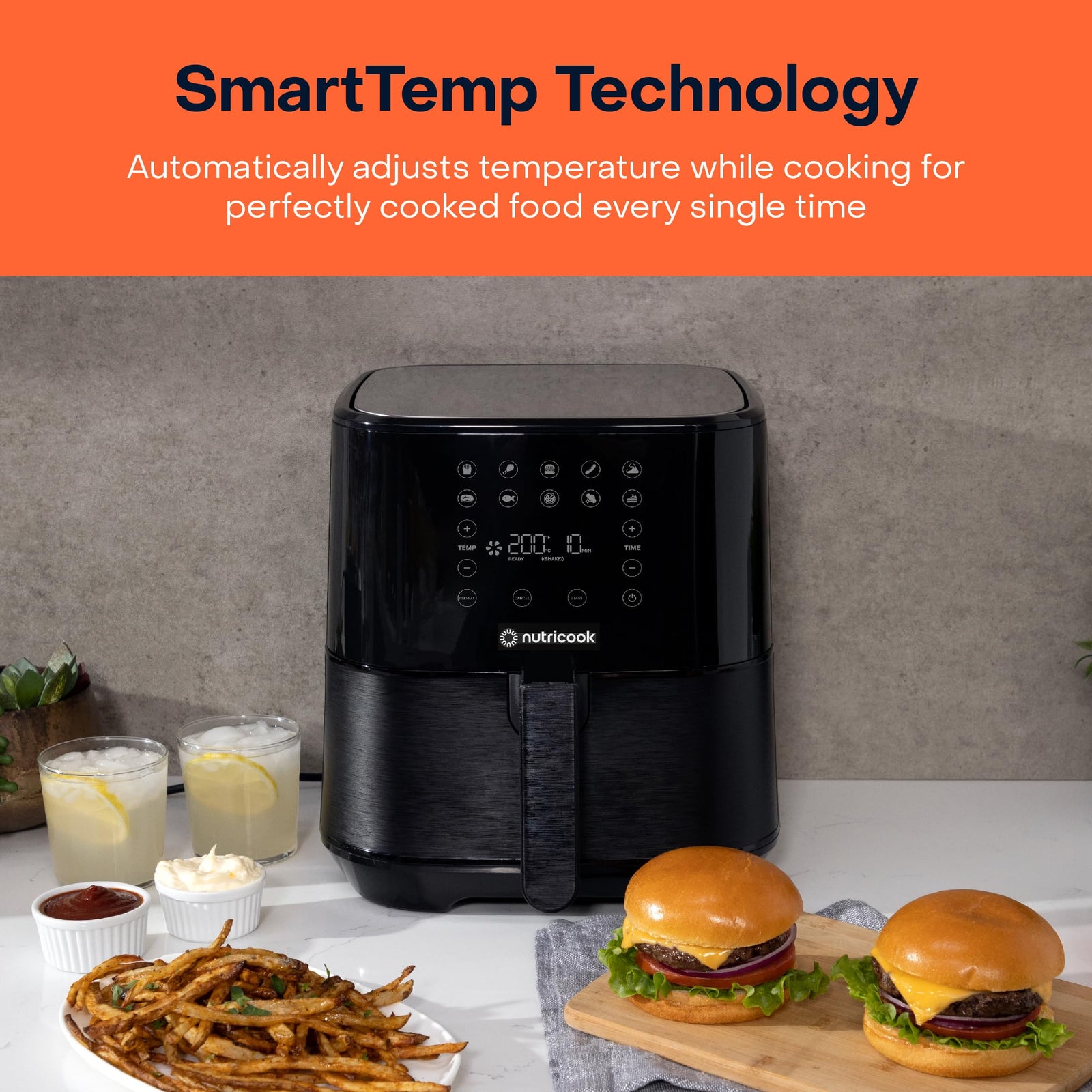 Nutricook Air Fryer 2, 1700 Watts, Digital Control Panel Display, 10 Preset Programs With Built-In Preheat Function, 5.5 Liter Black, Af205K