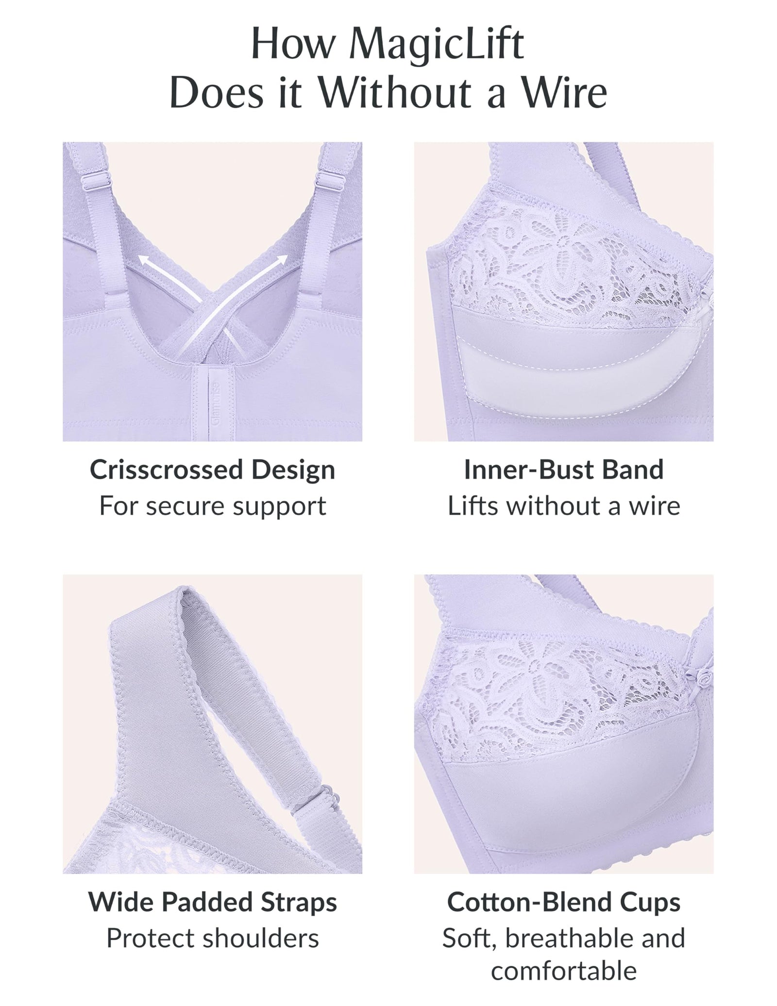 Glamorise Women's Full Figure MagicLift Cotton Wirefree Support Bra #1001 Size: 125G Color: Lilac