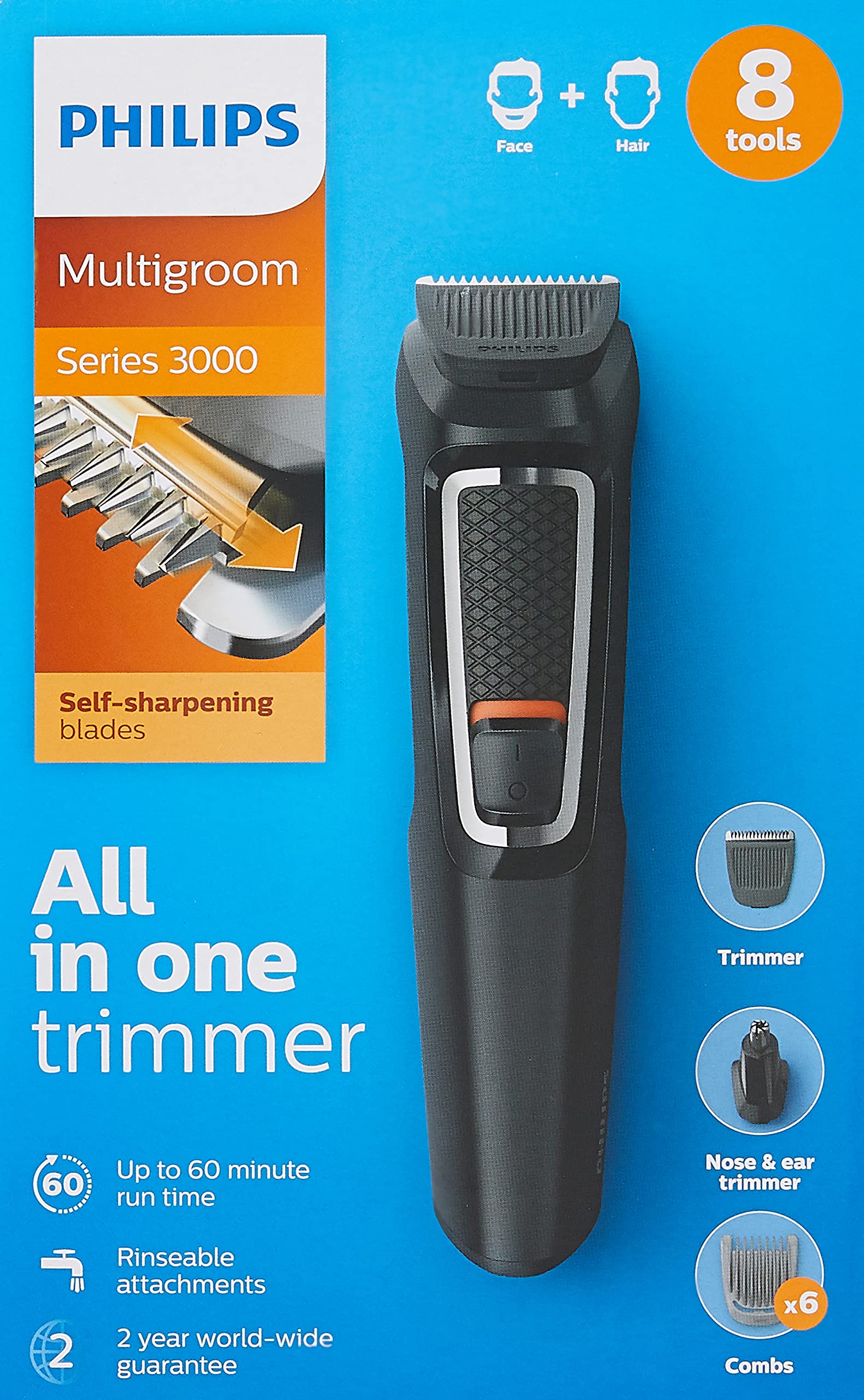 Philips Multigroom Series 3000 8-in-1, Face and Hair 8 tools, Self-Sharpening Steel Blades, Up to 60 min Run Time, Rinseable attachments - MG3730/15 (International Warranty)