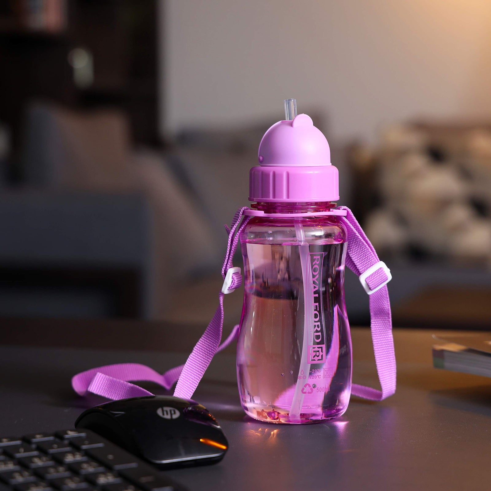 Royalford Rf7581Pp 500 Ml Water Bottle Kids Bottle, Toddler With Bendy Straw Portable Hanging Loop| Flip Top Spill Free Baby Sippy |, Purple