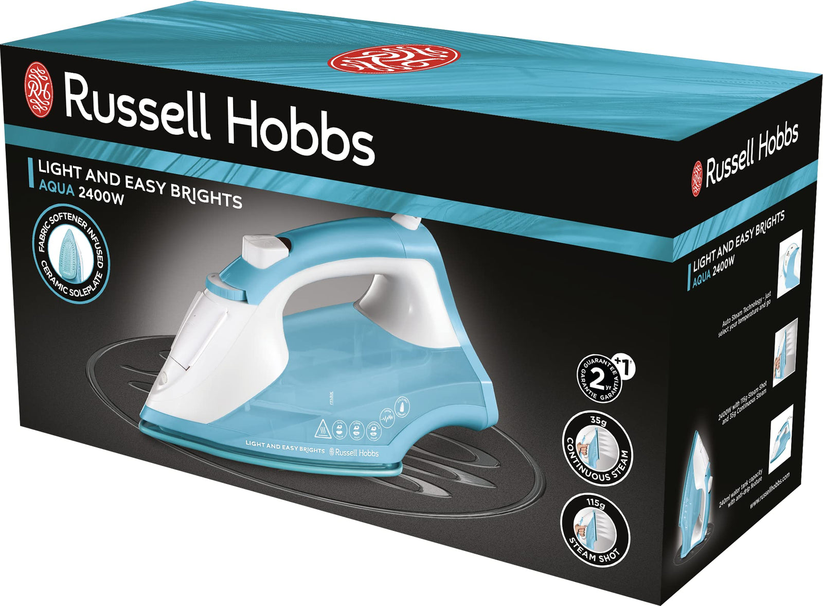 Russell Hobbs Light and Easy Brights Steam Iron - Colourful Design with 2x More Durable Soleplate, 115 Gram Steam Shot, and 35 Gram Continuous Steam - 26482 (Aqua), 1-Year Warranty