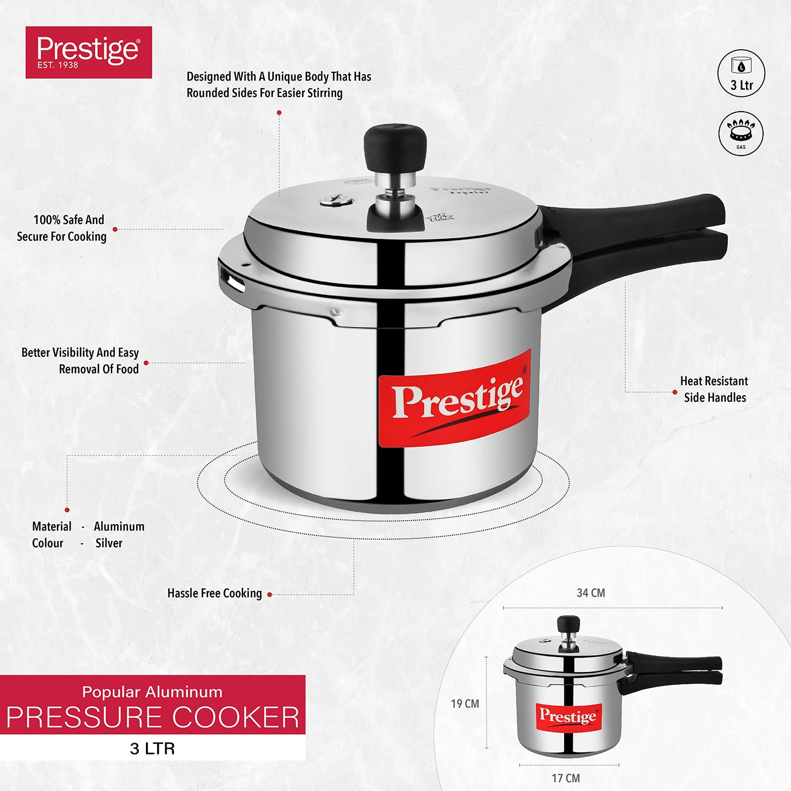 Prestige Popular Pressure Cooker Silver, 3L, PPAPC3