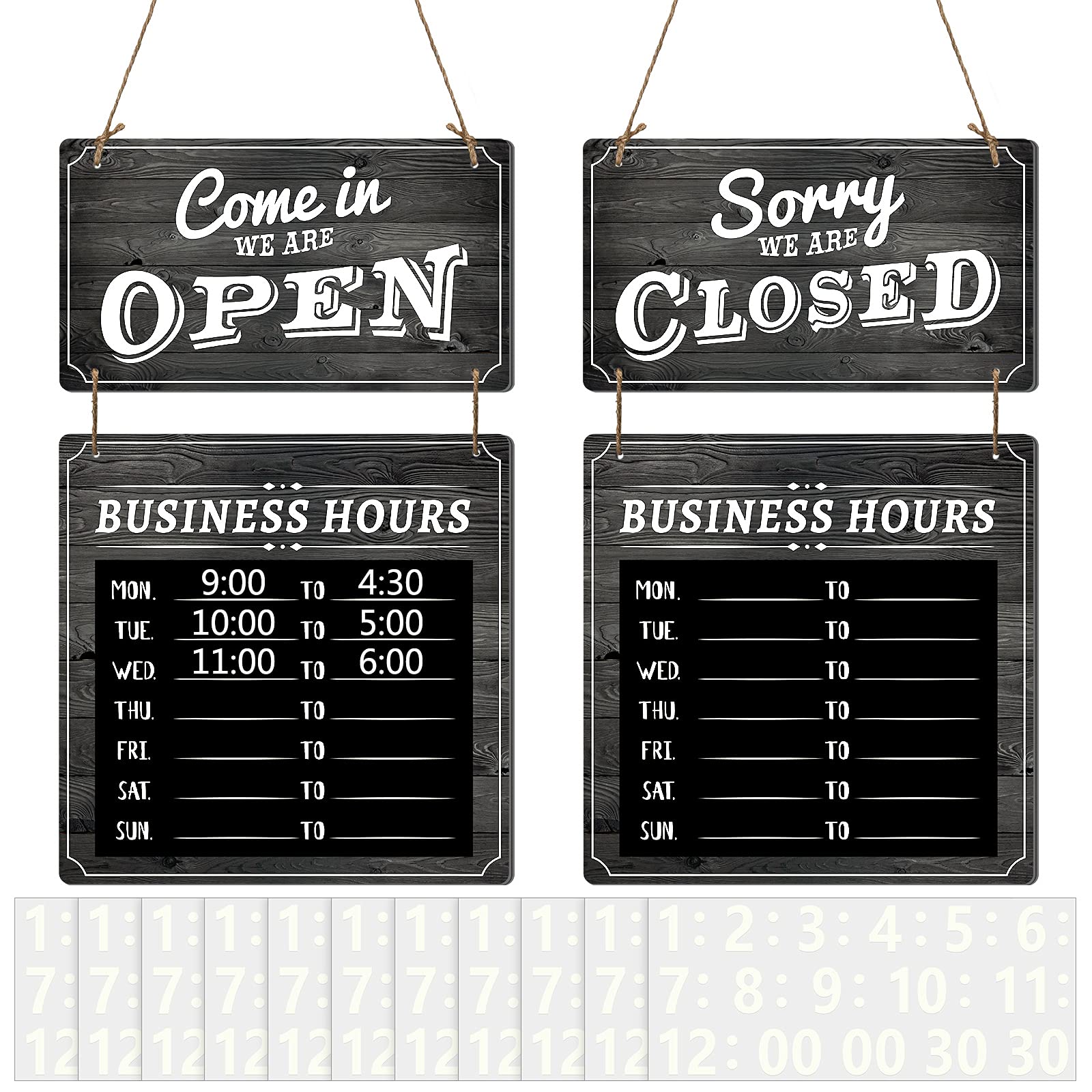 Chinco Business Hours Sign Store Hanging Open and Closed Double Sided Wooden Hangable Decorative Welcome Boards with Time Digital Stickers Hook for Shop (Black Board)