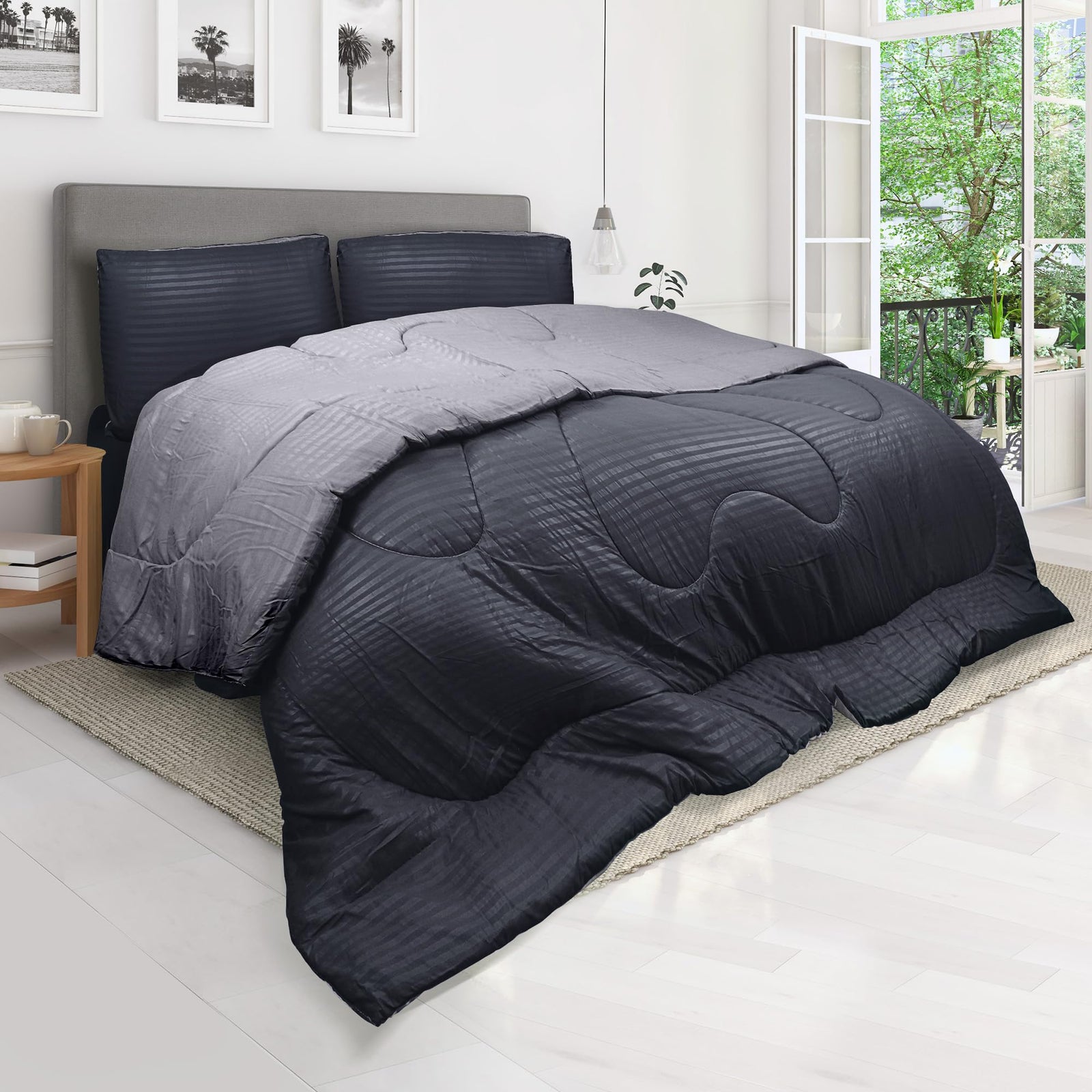 Hotel Linen Klub Reversible Down Alternative Comforter Set -Ultra Soft Brushed Stripe Microfiber Fabric, 200GSM Soft Fibersheet Filling, Size :Single 160 x 200cm, Color: Charcoal & Lt. Grey