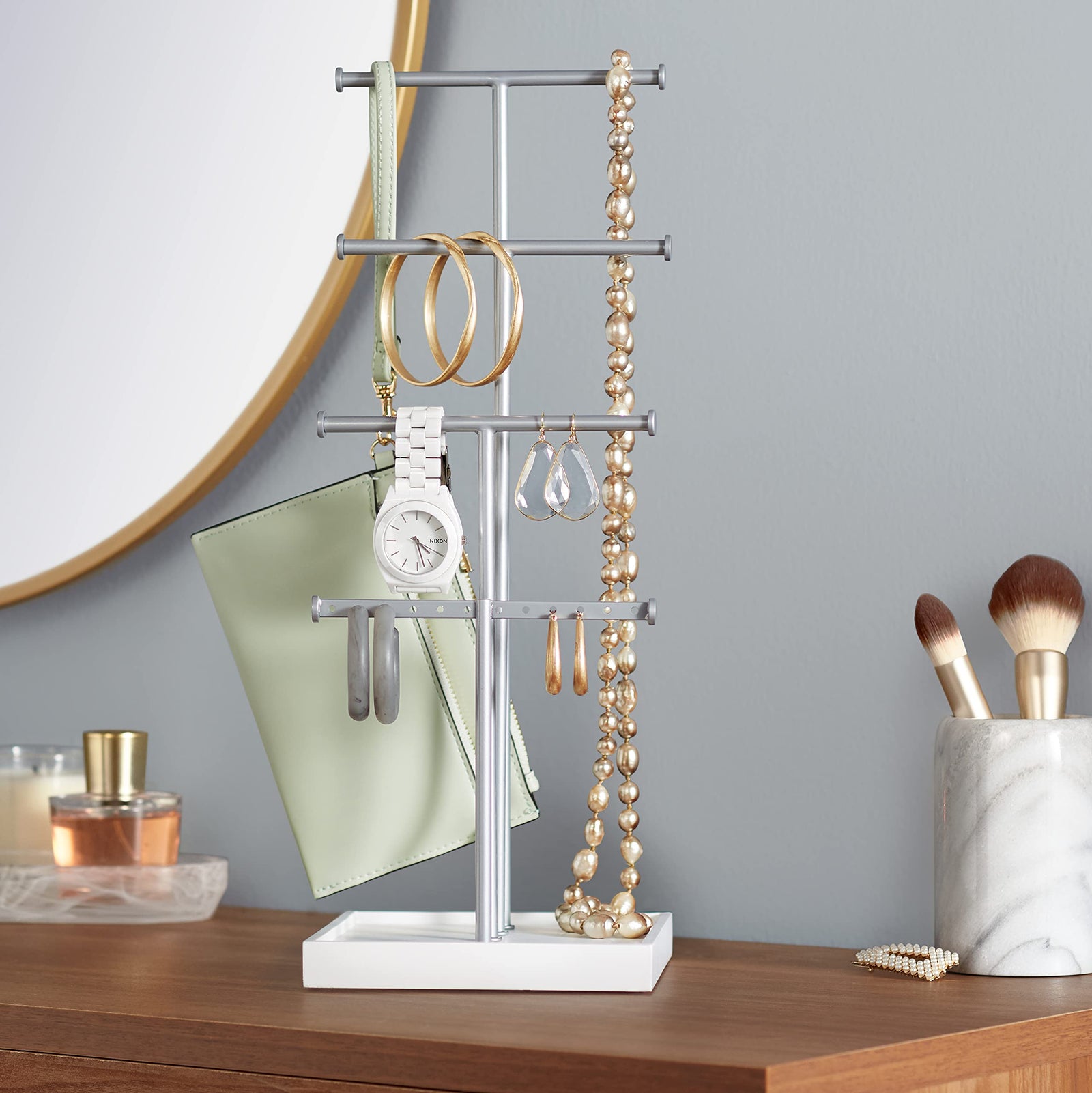 Amazon Basics Four-Tier Jewelry Tree Stand - White/Nickel
