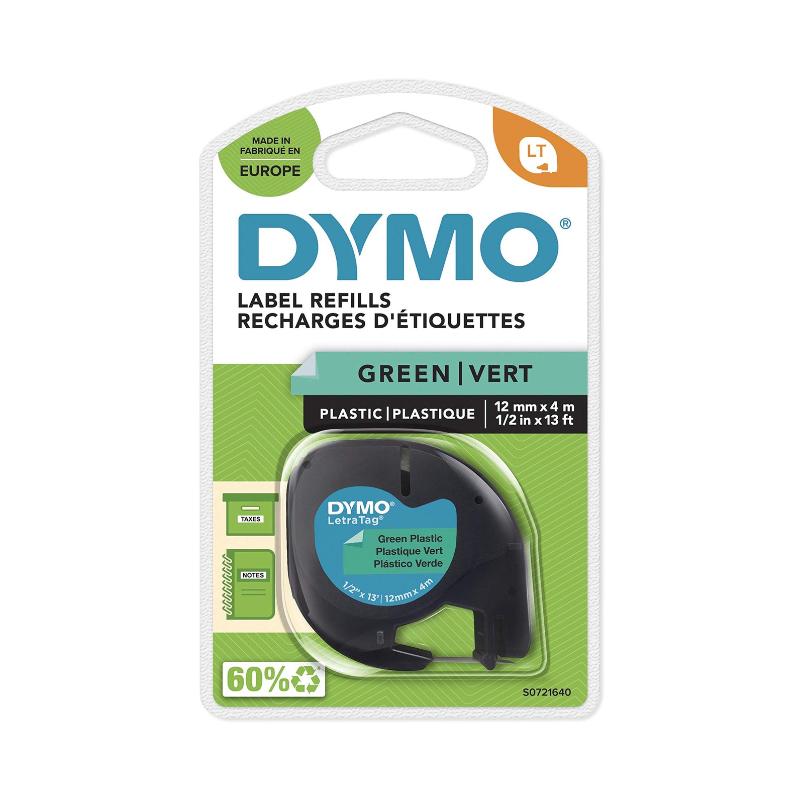 Dymo Letra Tag Tape 12Mmx4M Plastic Green, Black On Green, Dymo, S0721640, 1