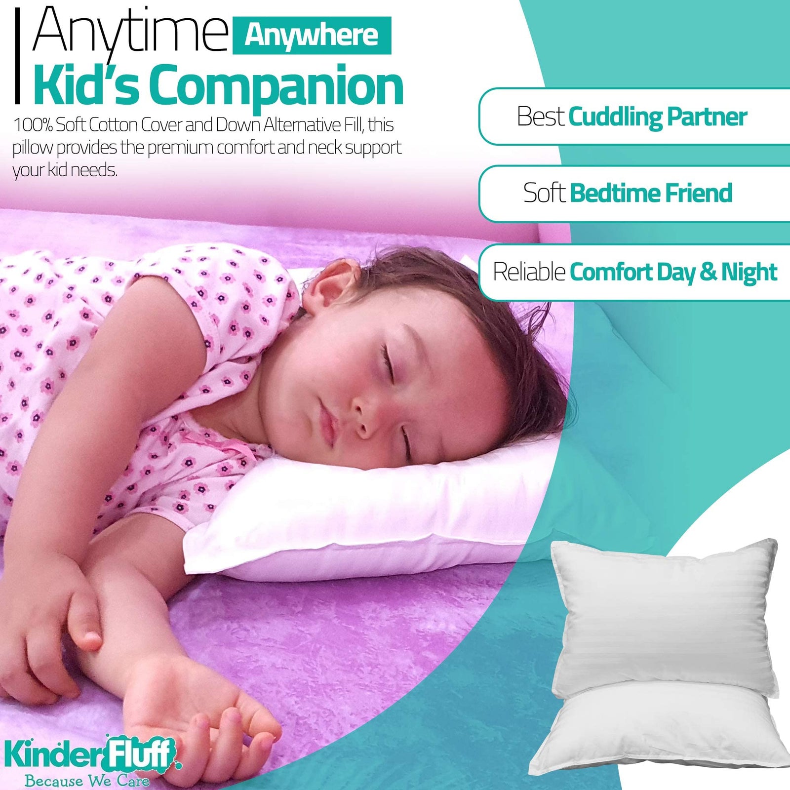 Kinder Fluff Toddler Pillow (2 Pcs)-Baby Pillow for Toddler Bed or Travel Pillow-The Only Pillow with 300T Cotton & Down Alternative Fill-Hypoallergenic & Machine Washable-Toddler Pillow for Sleeping