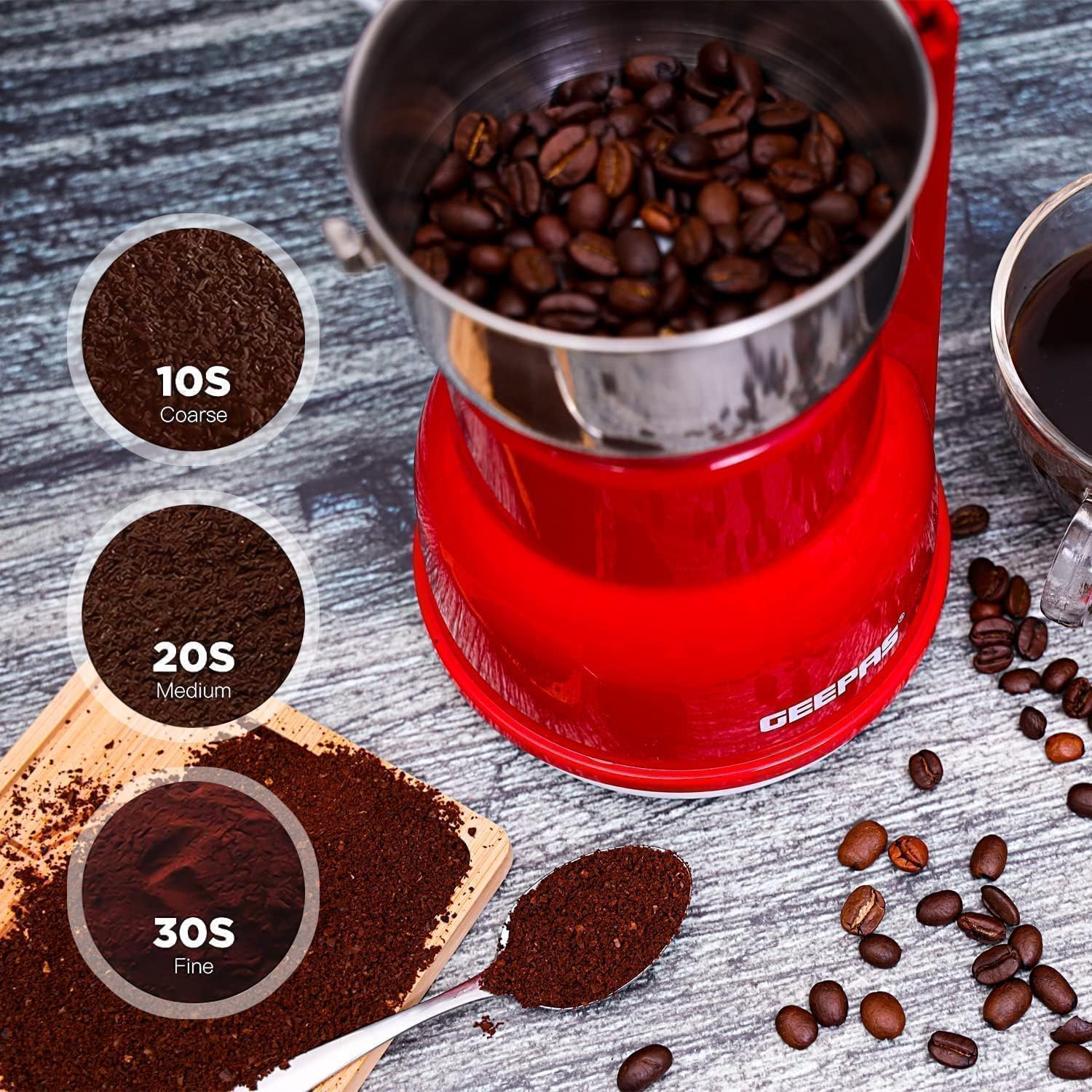 Geepas 150W Electric Coffee Grinder - Stainless Steel Blade |Stainless Steel Cup for Grinding, GCG5440 Overheat Protection | Removable Steel Bowl |2 Year Warranty