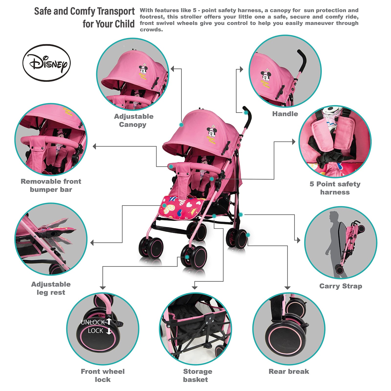 Disney Minnie Mouse Lightweight Adventure Stroller + Storage Cabin | 0-36 months, Compact Design, Shoulder Strap, Adjustable Reclining Seat and More.