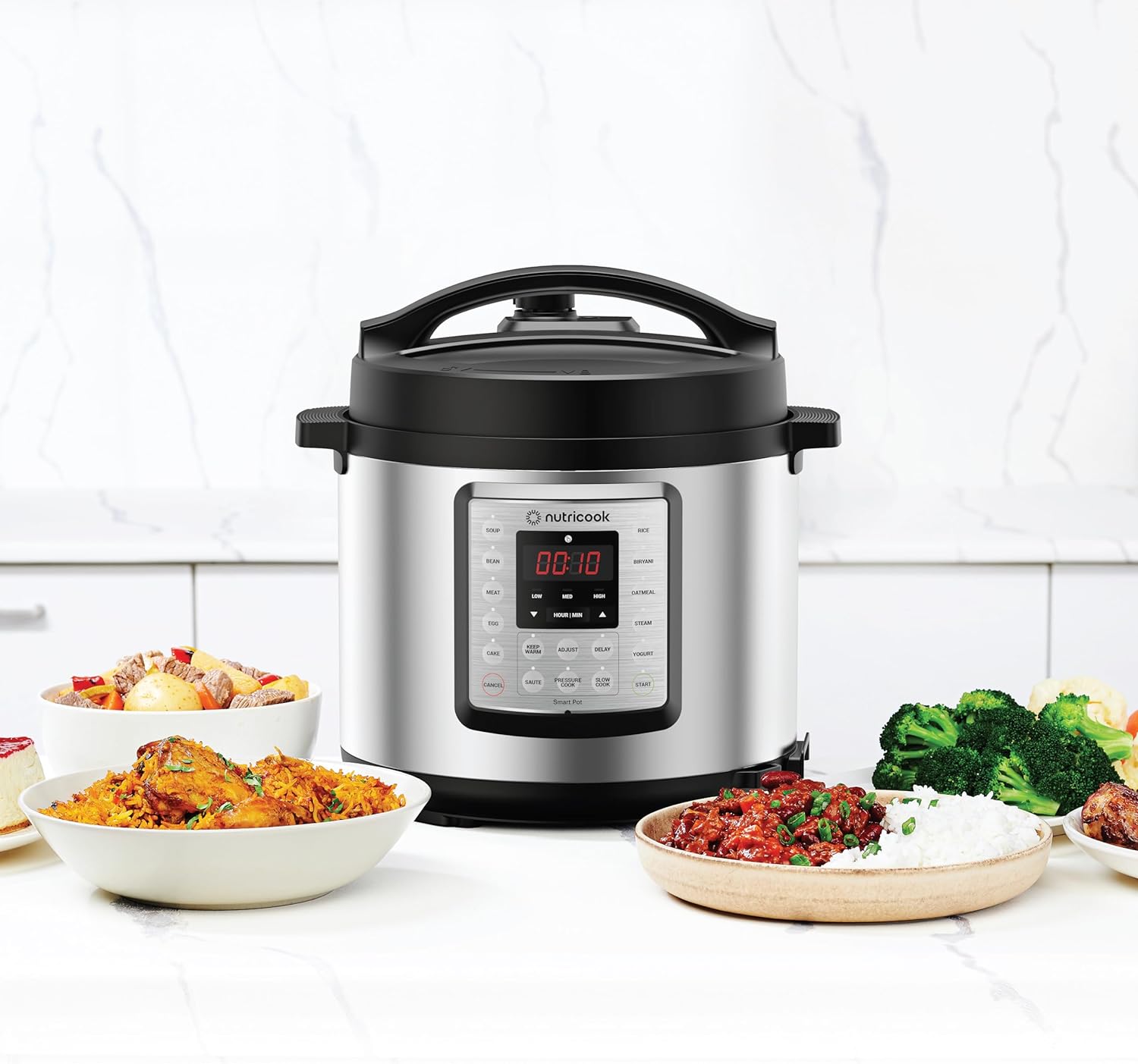 Nutricook Smart Pot Eko, 1000 Watts - 9 In 1 Instant Programmable Electric Pressure Cooker, 6 Liters, 14 Smart Programs, Brushed Stainless Steel/Black  Silver/Black