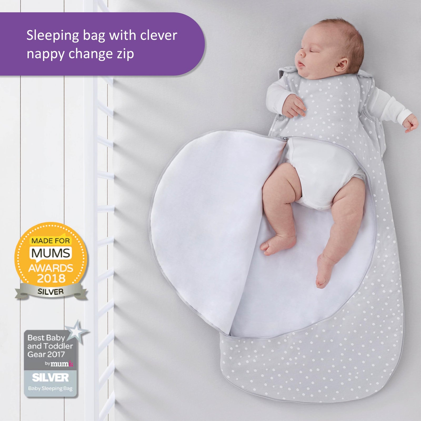 Snuz SnuzPouch Sleeping Bag for Infant/Baby| 2.5 Tog | Clever Nappy change Zip |100% Cotton | For Temperatures within 16-20 Celsius |Frrom 6-18months | Maximum Baby Length 86cm-White