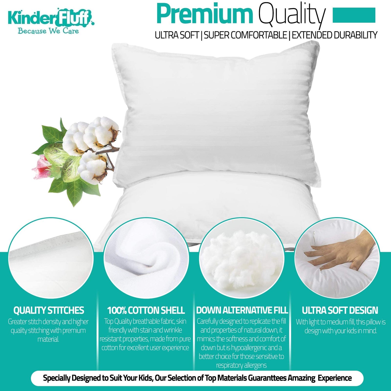 Kinder Fluff Toddler Pillow (2 Pcs)-Baby Pillow for Toddler Bed or Travel Pillow-The Only Pillow with 300T Cotton & Down Alternative Fill-Hypoallergenic & Machine Washable-Toddler Pillow for Sleeping