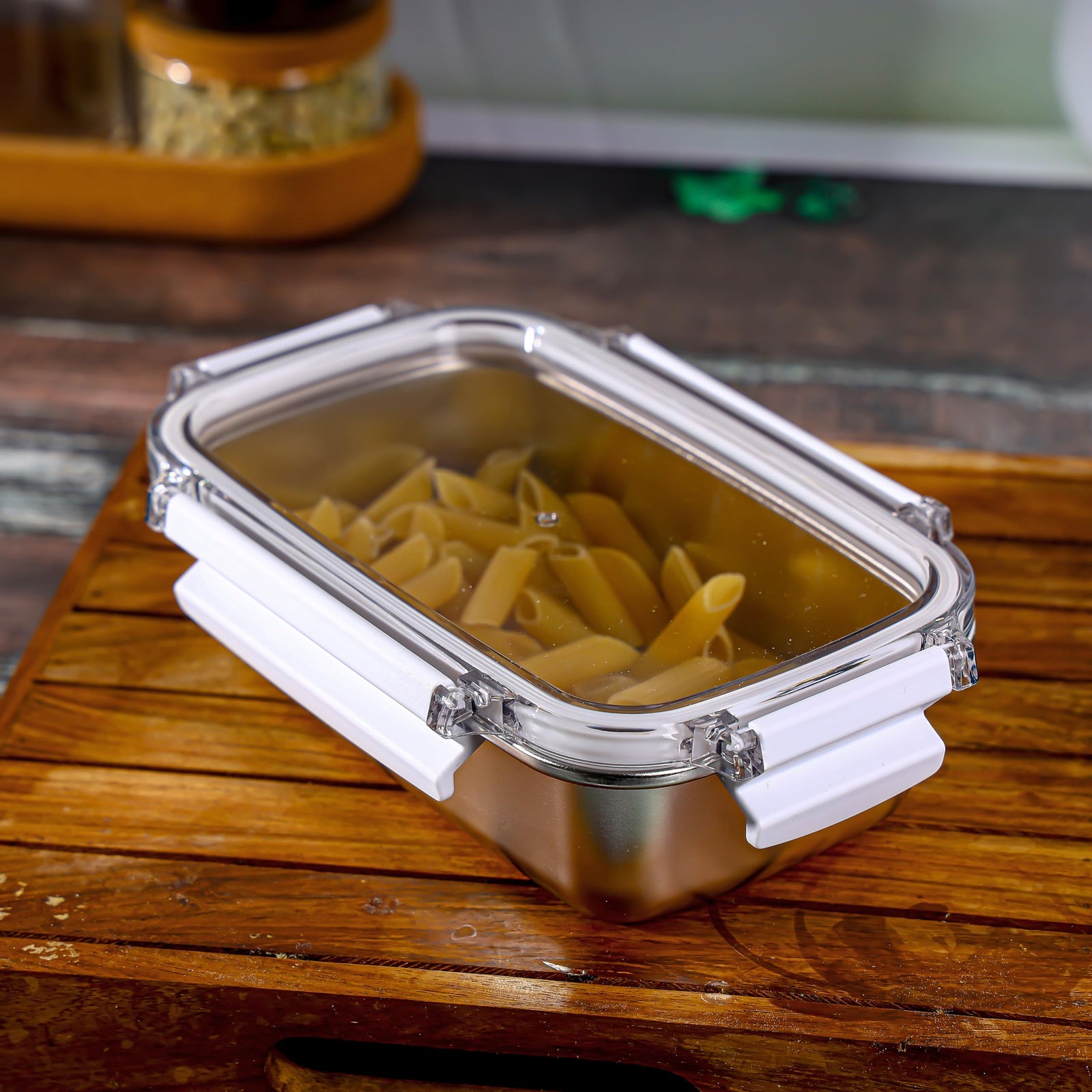 Royalford 600ml Stainless Steel Lunch Box RF12171 Rectangle Tiffin with Polymer Lid 4 Side Locks Food-Grade, BPA-Free, Airtight and Leakproof Containers for Kids and Adults