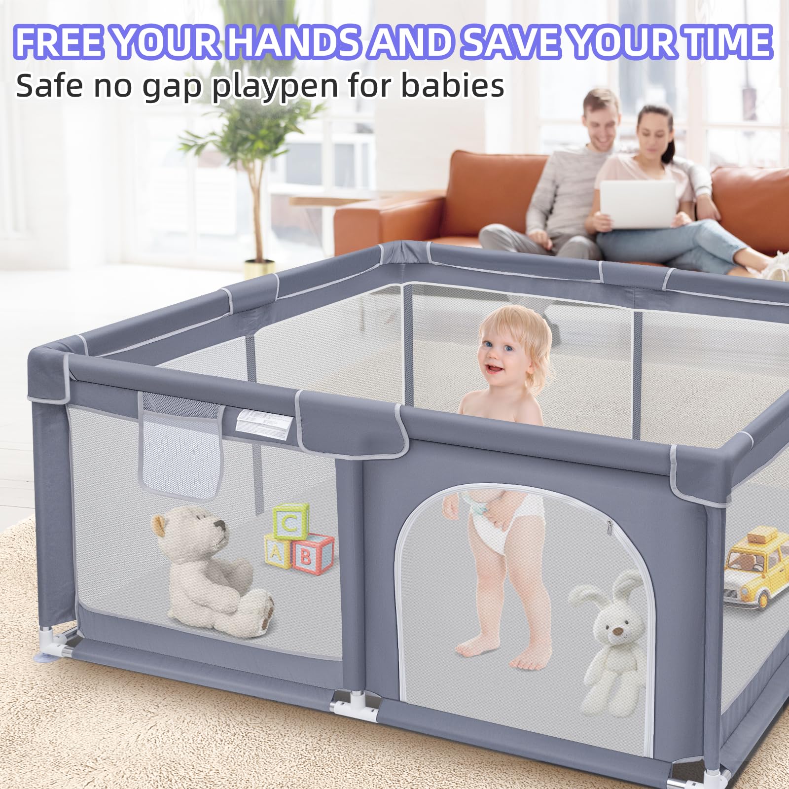 Suposeu Baby Playpen, Playpen for Babies and Toddlers, Indoor & Outdoor Playard for Kids Activity Center, 50”×50” Large Baby Playard with Soft Breathable Mesh, Grey