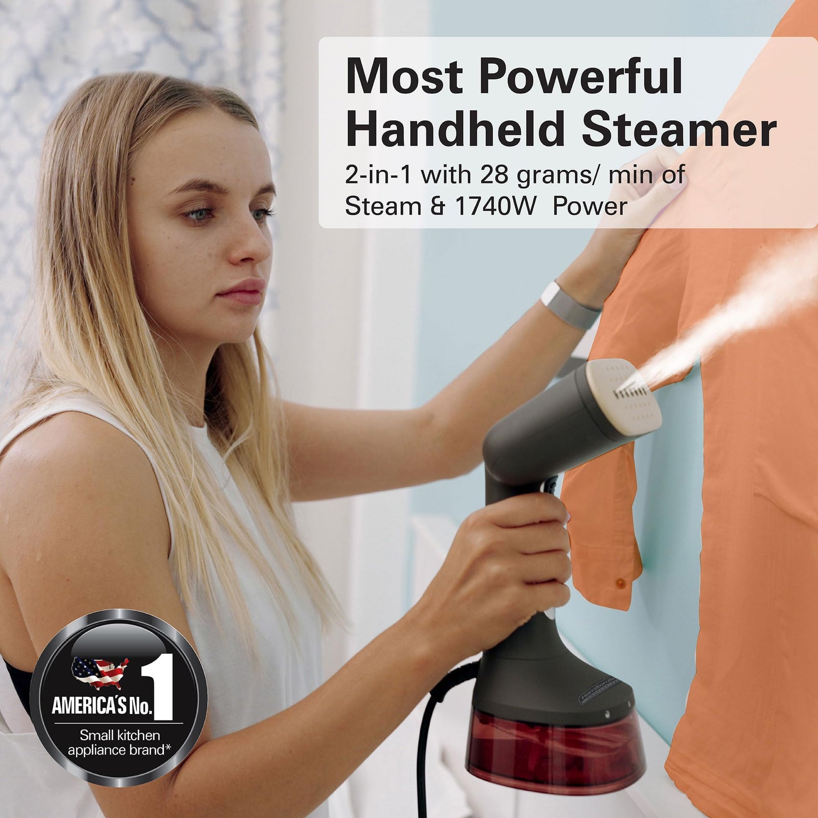 Hamilton Beach Professional Handheld Garment Steamer with fabric brush, Upto 1740W and 28g/min powerful steam flow, 2 steam modes, 300ml capacity, ergonomic handle, 6ft cord, 11590-ME