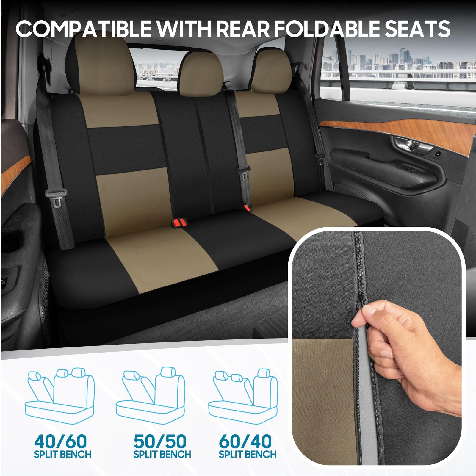 BDK PolyPro Seat Covers Full Set in Beige on Black – Front and Rear Split Bench Seat Covers for Cars, Easy to Install, Car Accessories for Auto Trucks Van SUV