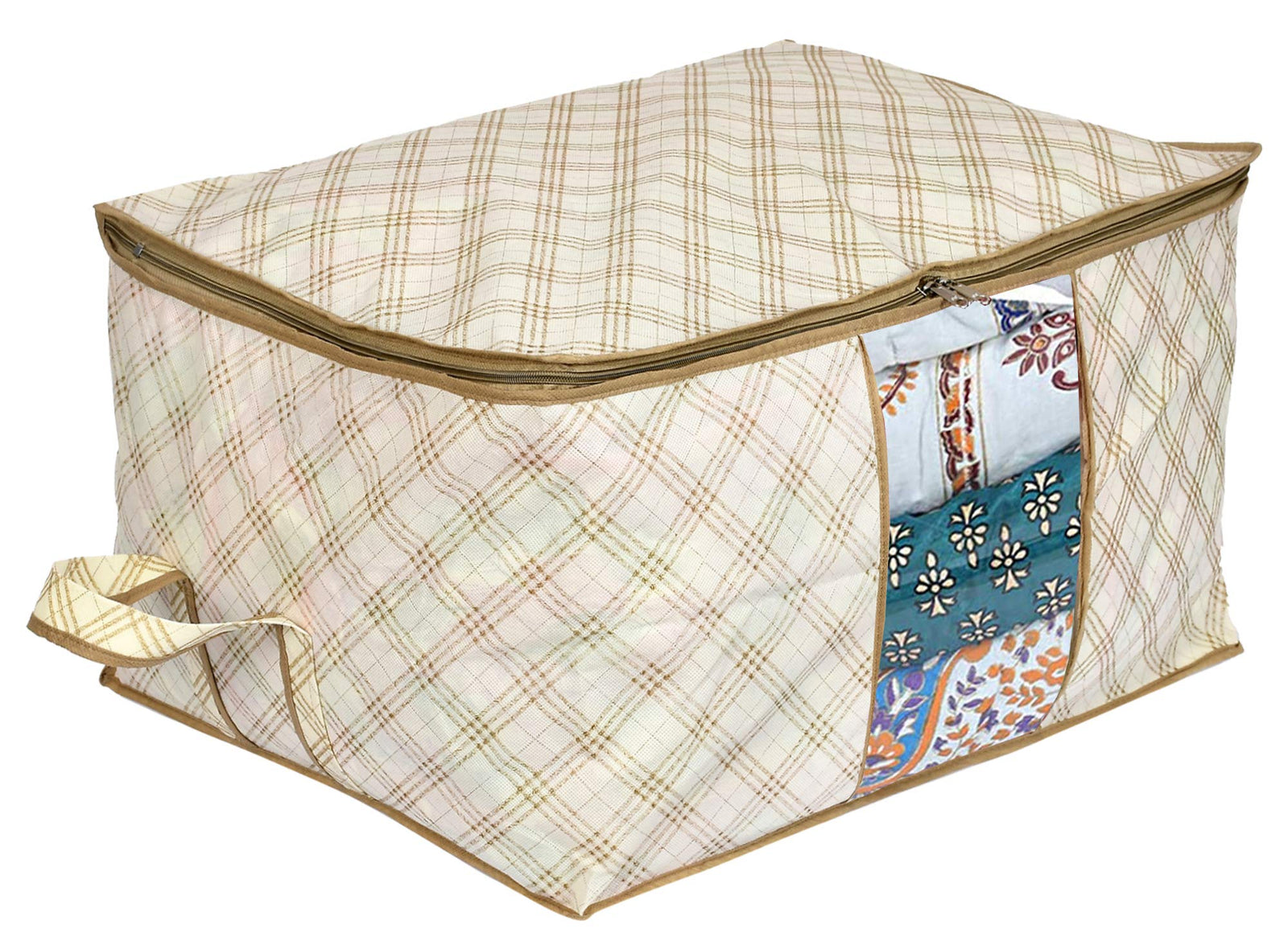 Fun Homes Metalic Checkered Print Non Woven 2 Pieces Underbed Storage Bag,Cloth Organiser,Blanket Cover with Transparent Window (Ivory)-FUHHNH16583