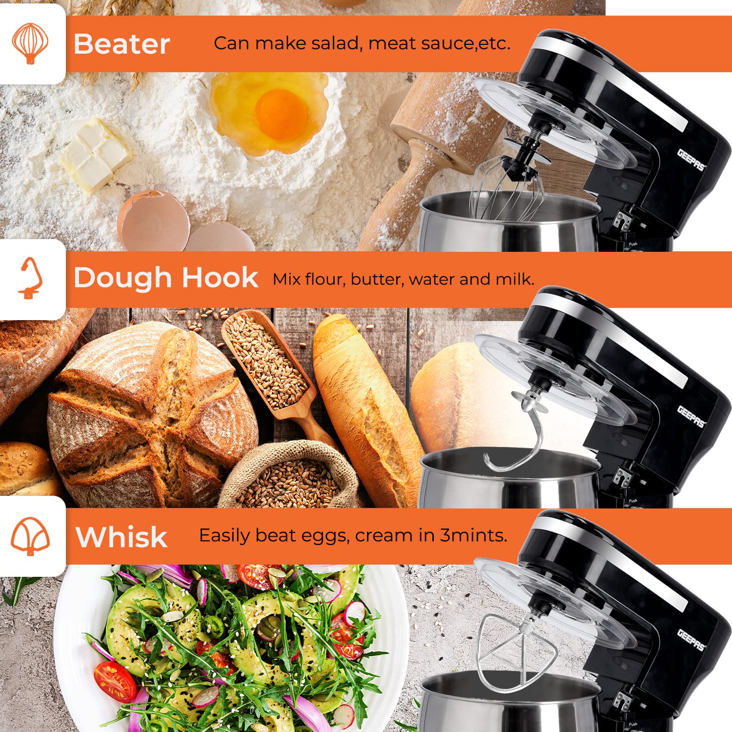 Geepas 5L Food Stand Mixer | 1000W Stainless Steel Mixing Bowl & Splash Guard | 6 Speed With Pulse & Balloon Whisk Flat Beater & Dough Hook | 2 Years Warranty, Black, Gsm43038UK