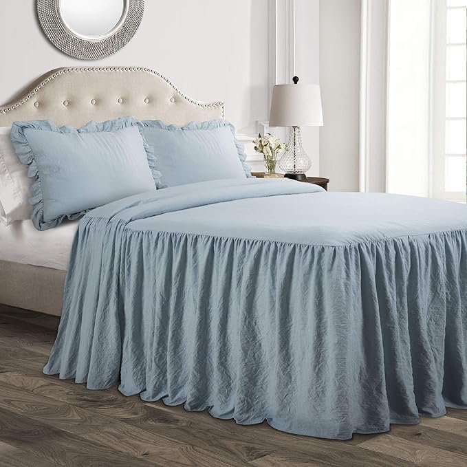 Lush Decor Ruffle Skirt Bedspread Set - 3 Piece Luxurious Farmhouse Bedding Set - Elegant, Charming Ruffle Detail - Timeless Style & Classic Design - Soft and Lightweight - Queen, Lake Blue