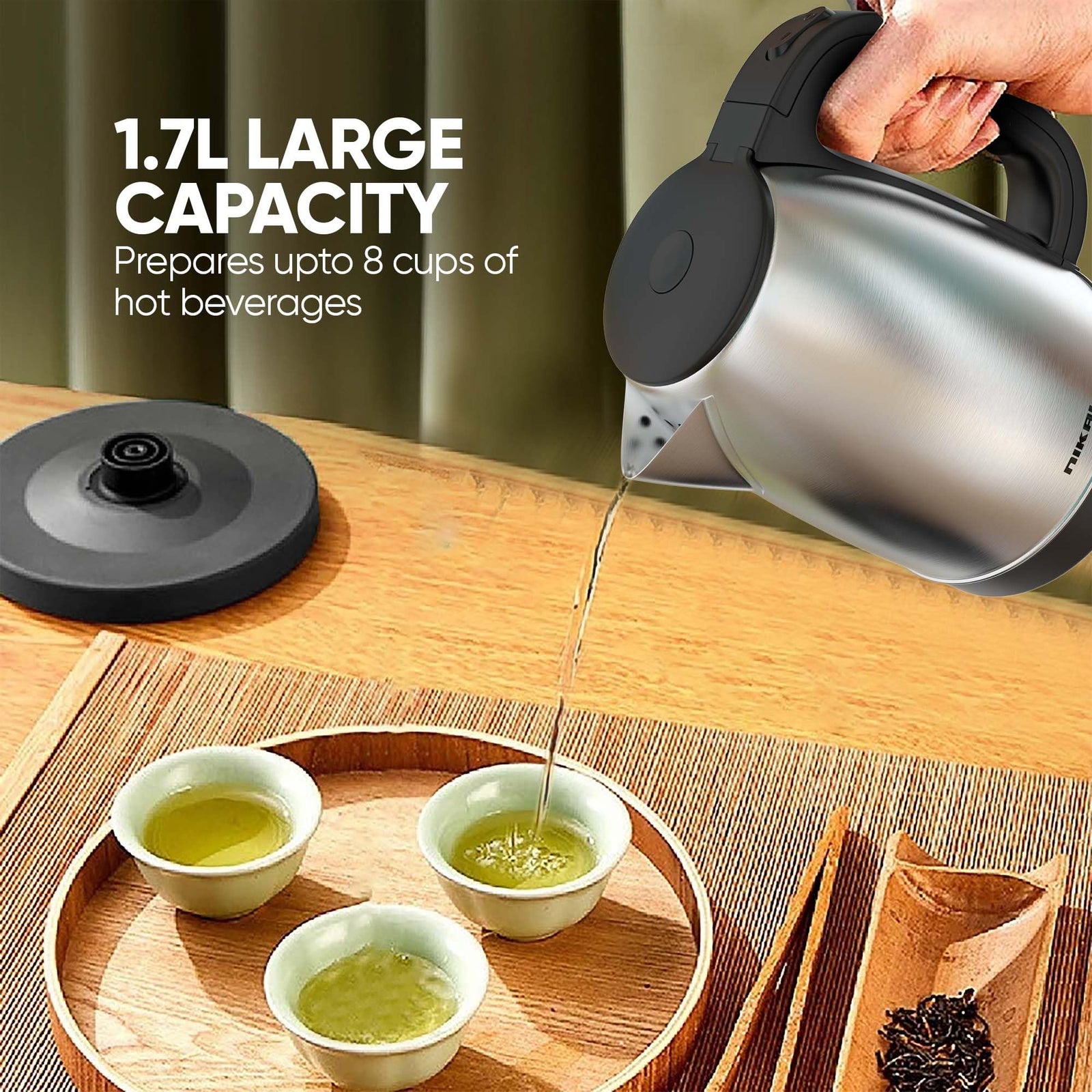 Nikai 1.7L Stainless Steel Electric Kettle, 2200W Power, Stylish & Safe Boiling, Auto Shut Off, Indicator Light, 360° Rotating Base, Timeless Design, Matt Finish, Ideal for Home & Office use - NK420A