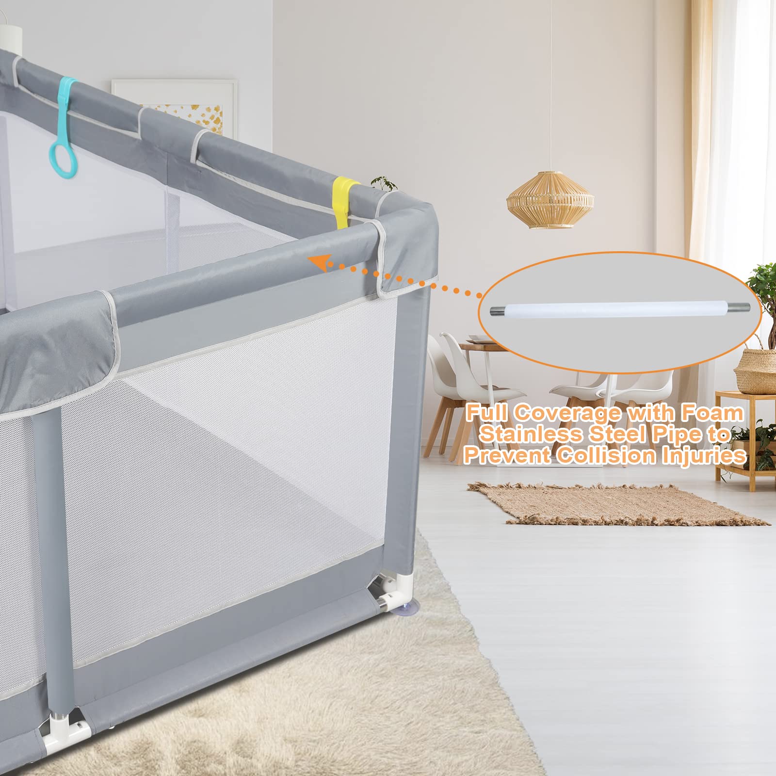Tenckat Baby Playpen for and Toddlers,125x125cm Portable Babypen with Anti-slip Base, Sturdy Safety Playards Soft Breathable Mesh, 2 Pulling Rings Bag, grey, 1 Count, 3.38 kg