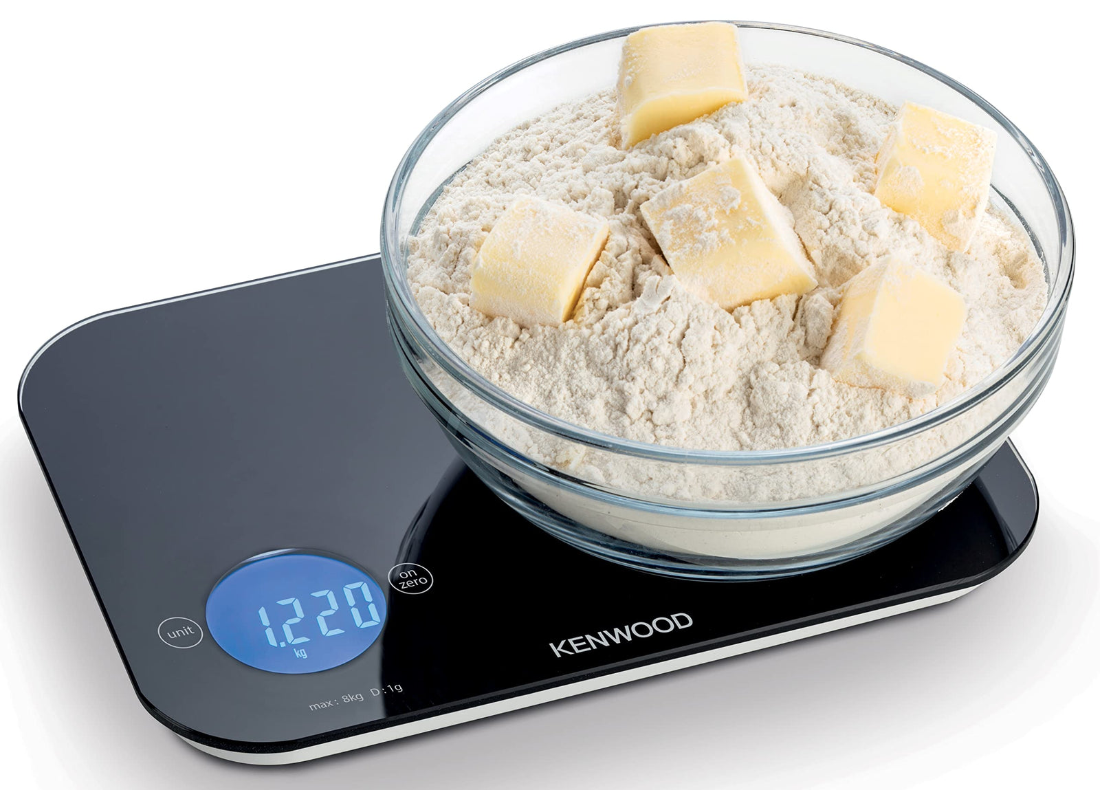 Kenwood Digital Kitchen Scale | Food Scale | Weighing Scale | Weight Scale | 8Kg/22lbs Capacity 4MM Tempered Glass, Touch Control, Tare/Zero Function, Auto Shut-Off (Batteries Included) WEP50.000BK
