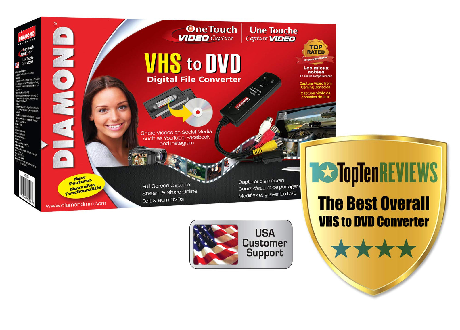 Diamond Multimedia Diamond Vc500 Usb 2.0 One Touch Vhs To Dvd Video Capture Device With Easy To Use Software, Convert, Edit And Save To Digital Files For Win7, Win8 And Win10, One Size