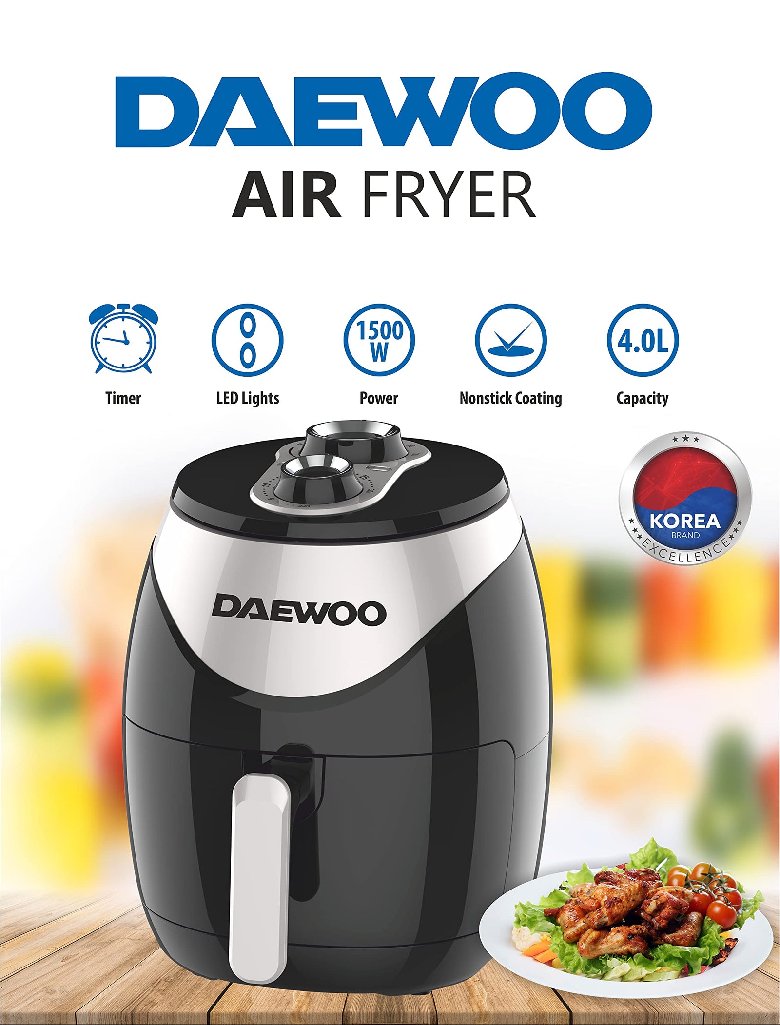 Daewoo 4 Liter Air Fryer With Rapid Air Circulation Technology 1500W Korean Technology DAF8017 Black/Silver - 2 Years Warranty