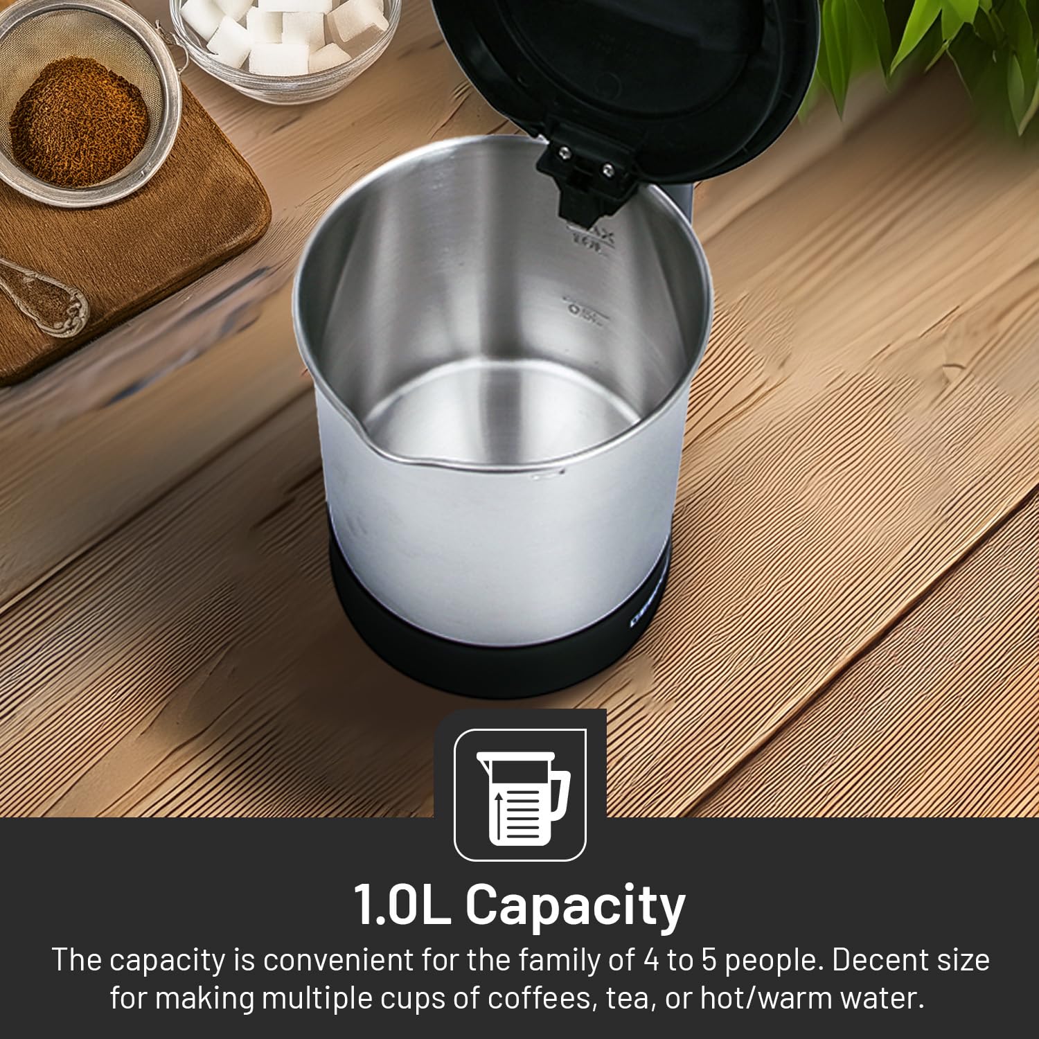 Geepas GK5418 1350W Travel Electric Kettle - Stainless Steel Housing, Boil-Dry & Overheat Protection |Boiler for Hot Water, Tea & Coffee | 1.0L