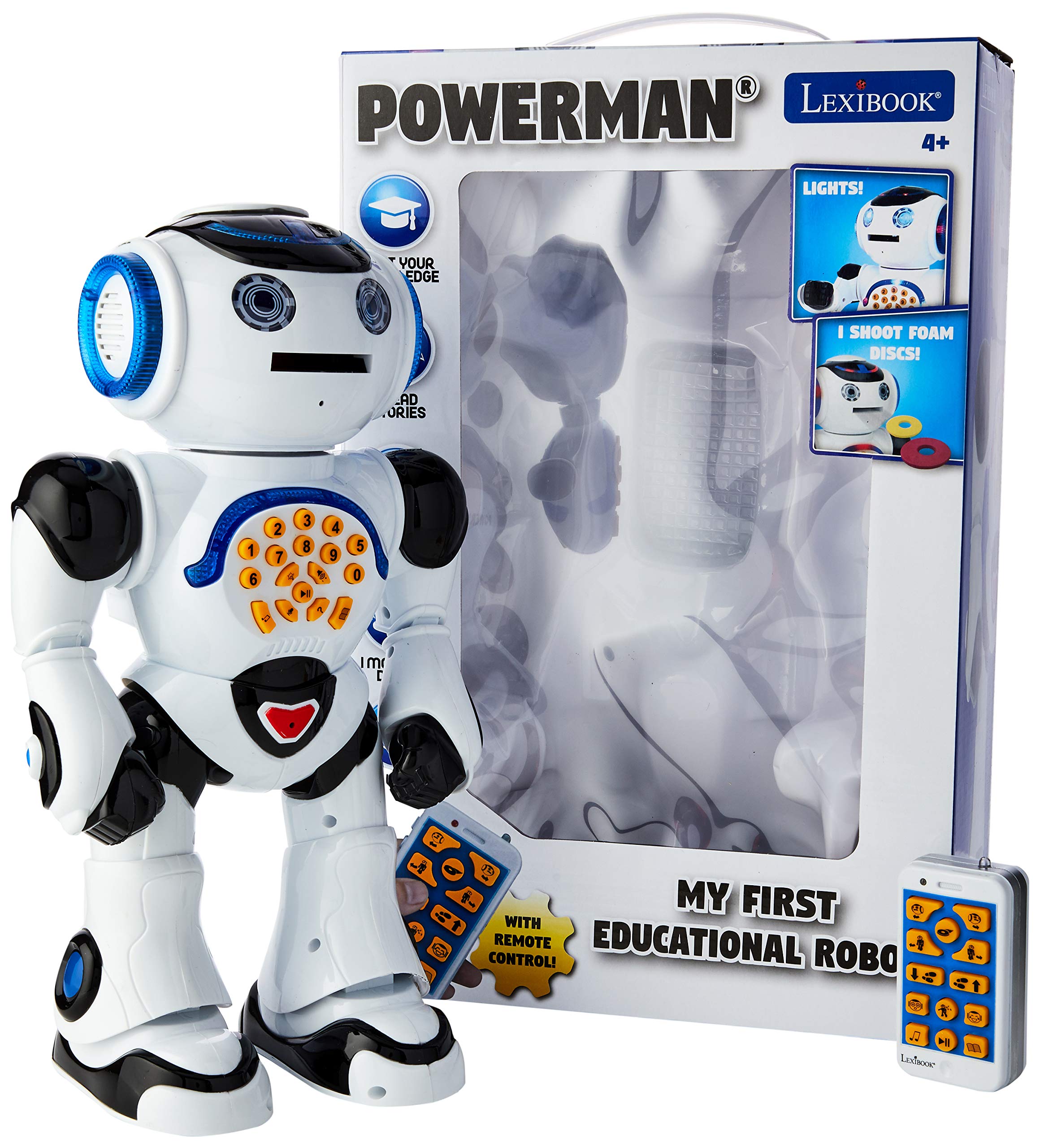 Lexibook Powerman - Remote Control Walking Talking Toy Robot, Dances, Sings, Reads Stories, Math Quiz, Shooting Discs, and Voice Mimicking, for kids 4+ - ROB50EN