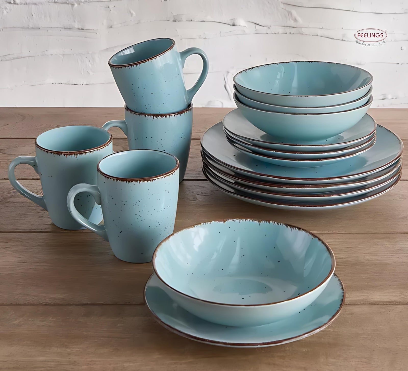 طقم عشاء من السيراميك FEELINGS STONEWARE مكون من 16 قطعة | أدوات مائدة متينة للاستخدام اليومي | يشمل أطباق، وأوعية، وأكواب | تصميم أنيق وعصري | آمن للغسالة والميكروويف (أزرق سماوي)