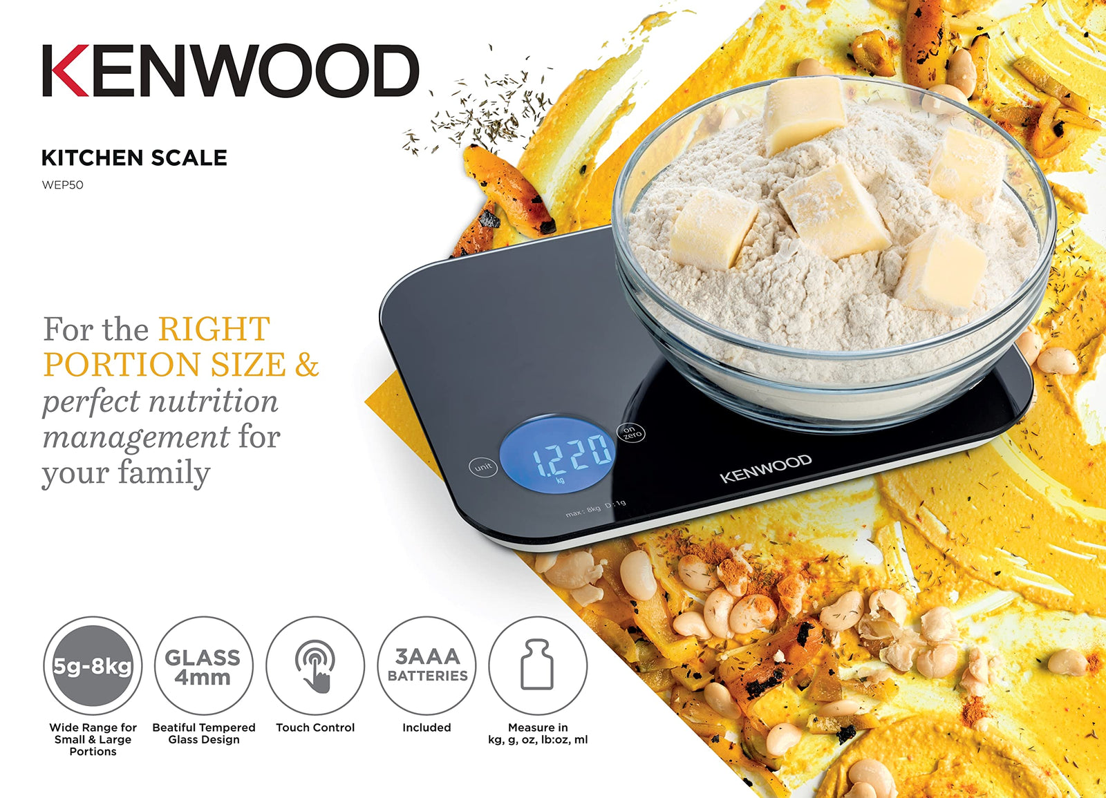 Kenwood Digital Kitchen Scale | Food Scale | Weighing Scale | Weight Scale | 8Kg/22lbs Capacity 4MM Tempered Glass, Touch Control, Tare/Zero Function, Auto Shut-Off (Batteries Included) WEP50.000BK