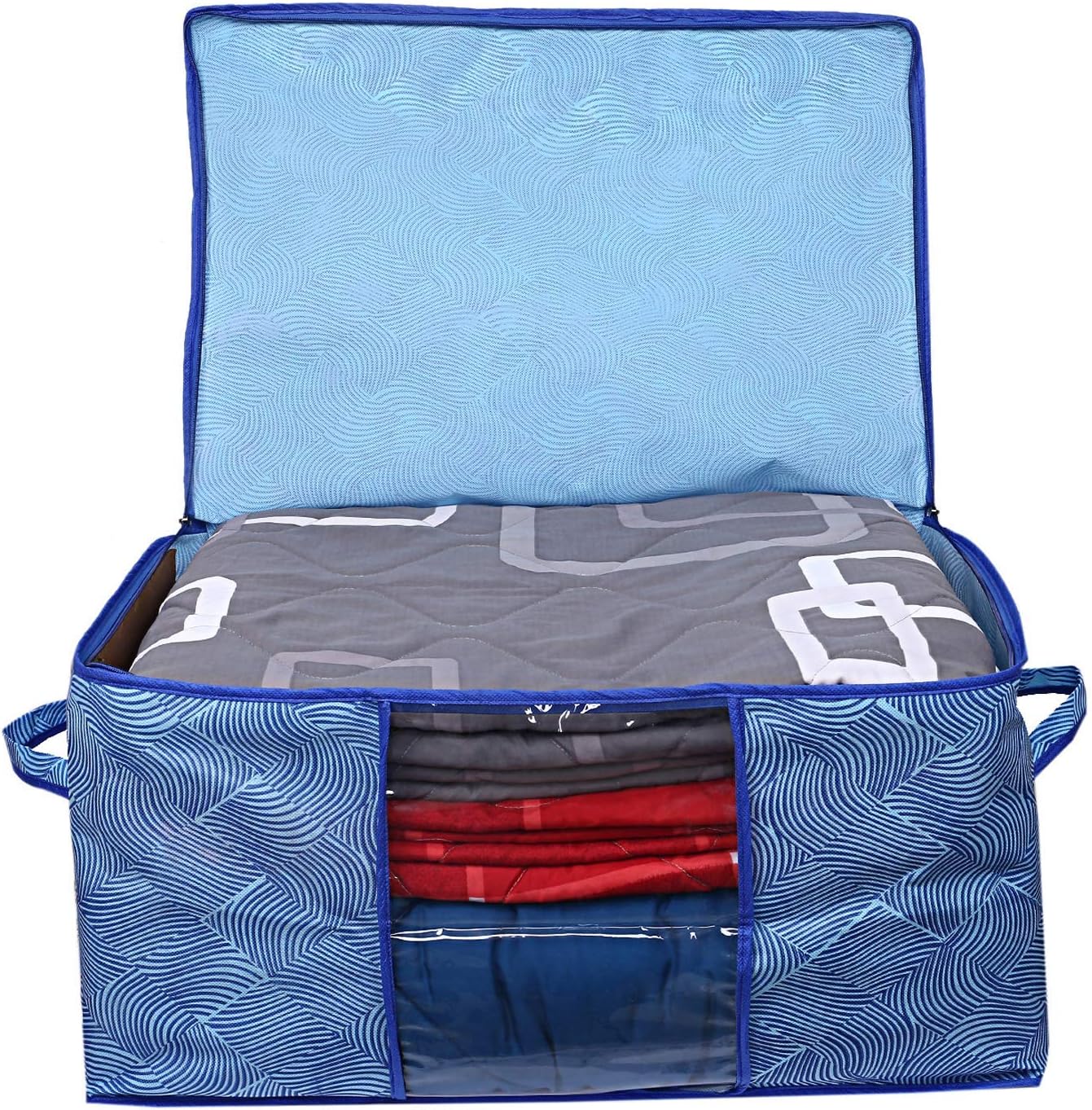 Fun Homes Metalic LaHariya Print 2 Piece Non Woven Saree Cover And 2 Pieces Underbed Storage Bag, Storage Organiser, Blanket Cover (Blue)