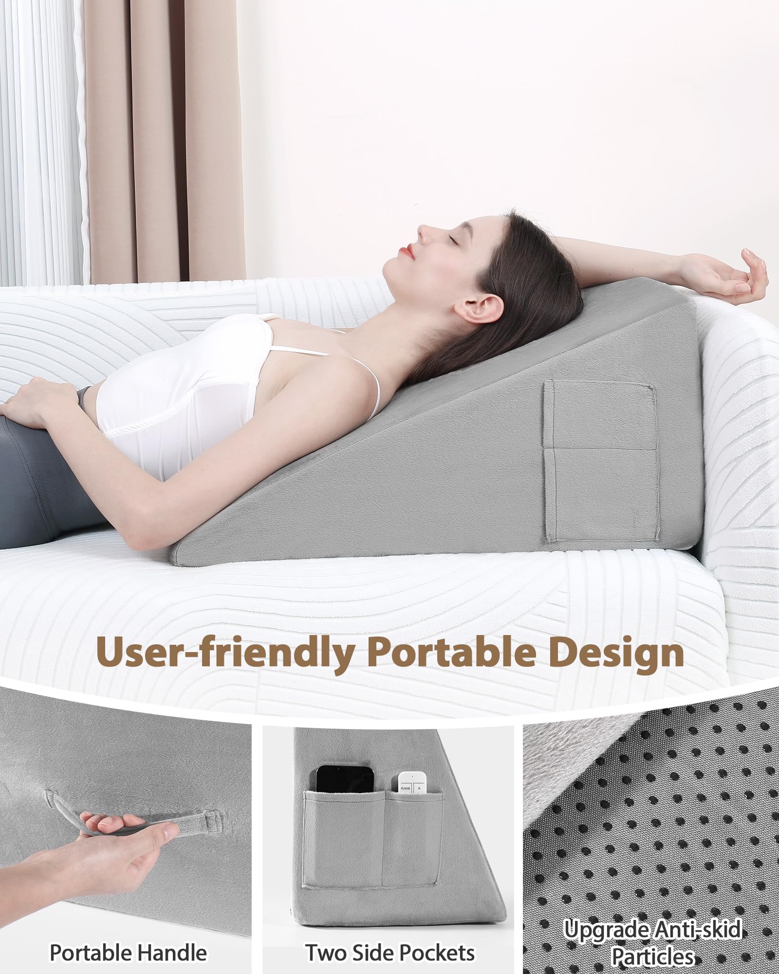 Lossey Wedge Pillow for Sleeping, 12 Inch Bed Wedge Pillow for After Surgery, Acid Reflux, Snoring, Memory Foam Top Triangle Pillow Wedge for Head, Back, Leg Pain Relief with Machine Washable Cover