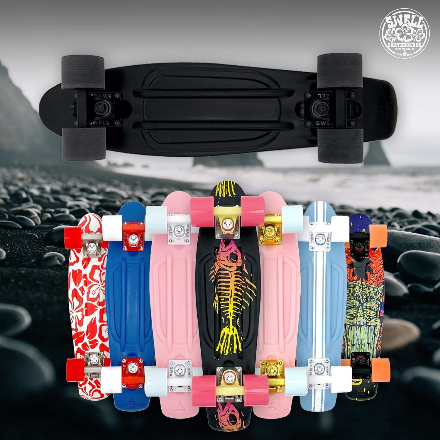 Swell Skateboards 22 inch and 28 Inch Plastic Retro Mini Cruiser Complete Skateboard for Beginners, Boys, Girls, Youths, Teens, Adults, and College Students.