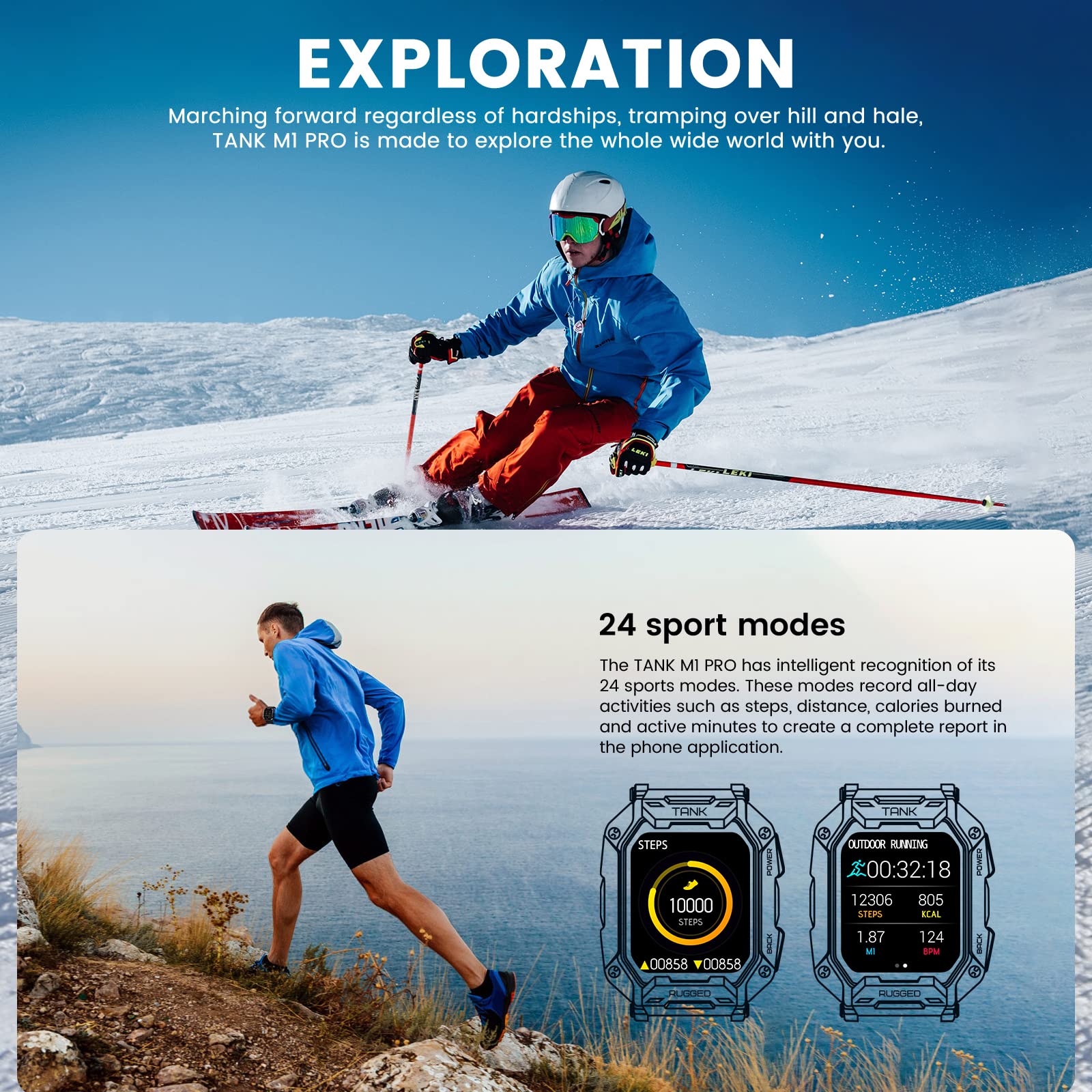 Outdoor Sports Rugged Smartwatch 1.72'' 280 * 320px Full-touch Screen Tough Body Call/Music 5ATM&IP69K Waterproof 24H 50 Days Standby 24 Sports Modes, Bluetooth