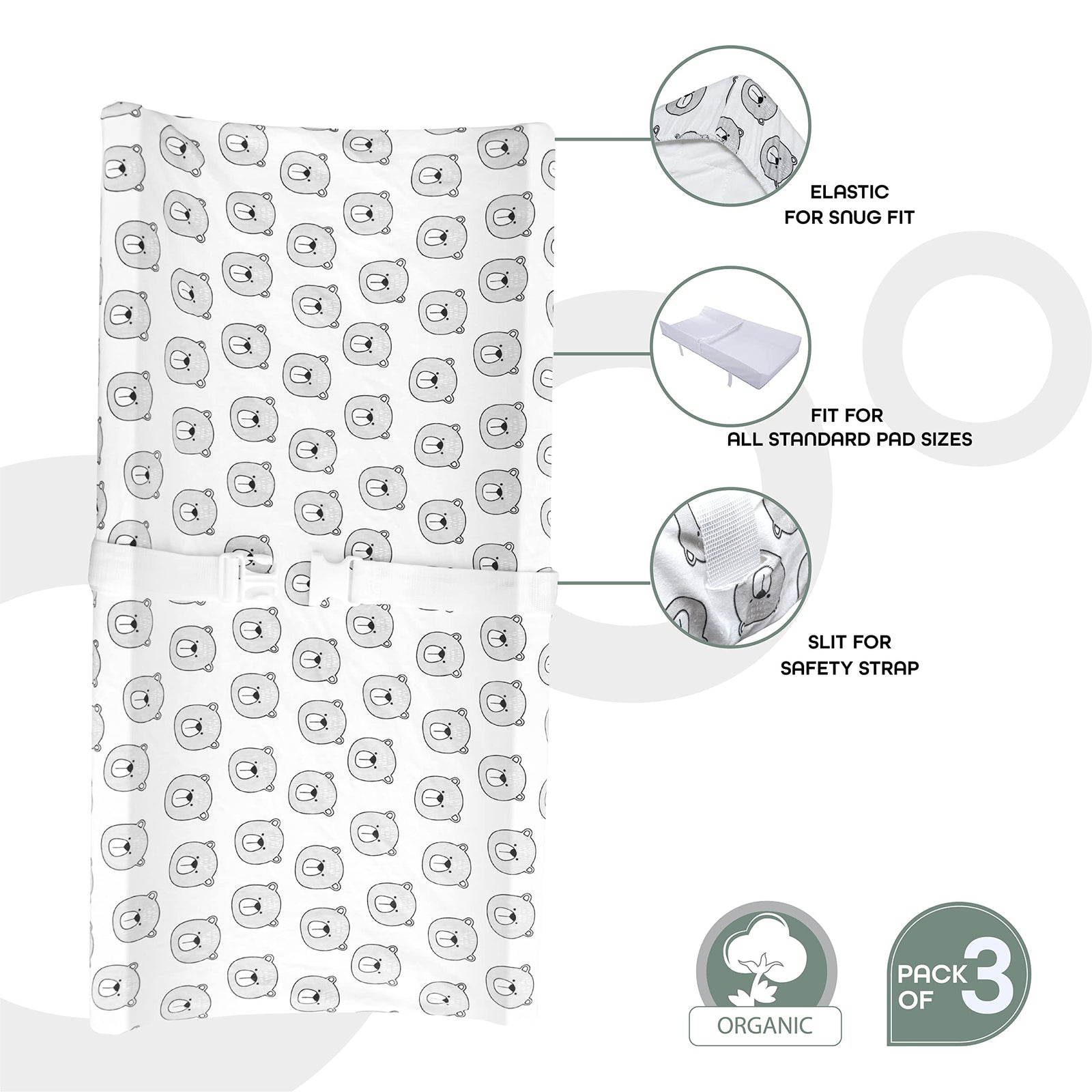 Moon Organic Changing Pad Cover. Washable. Soft Material. Slit For Safety Strap. Elastic Fit. Pack Of 3. Changing Mat Cover, 100% Organic Cotton Changing Pad Liner.Bear, Grey Strips & Forest 0M+.