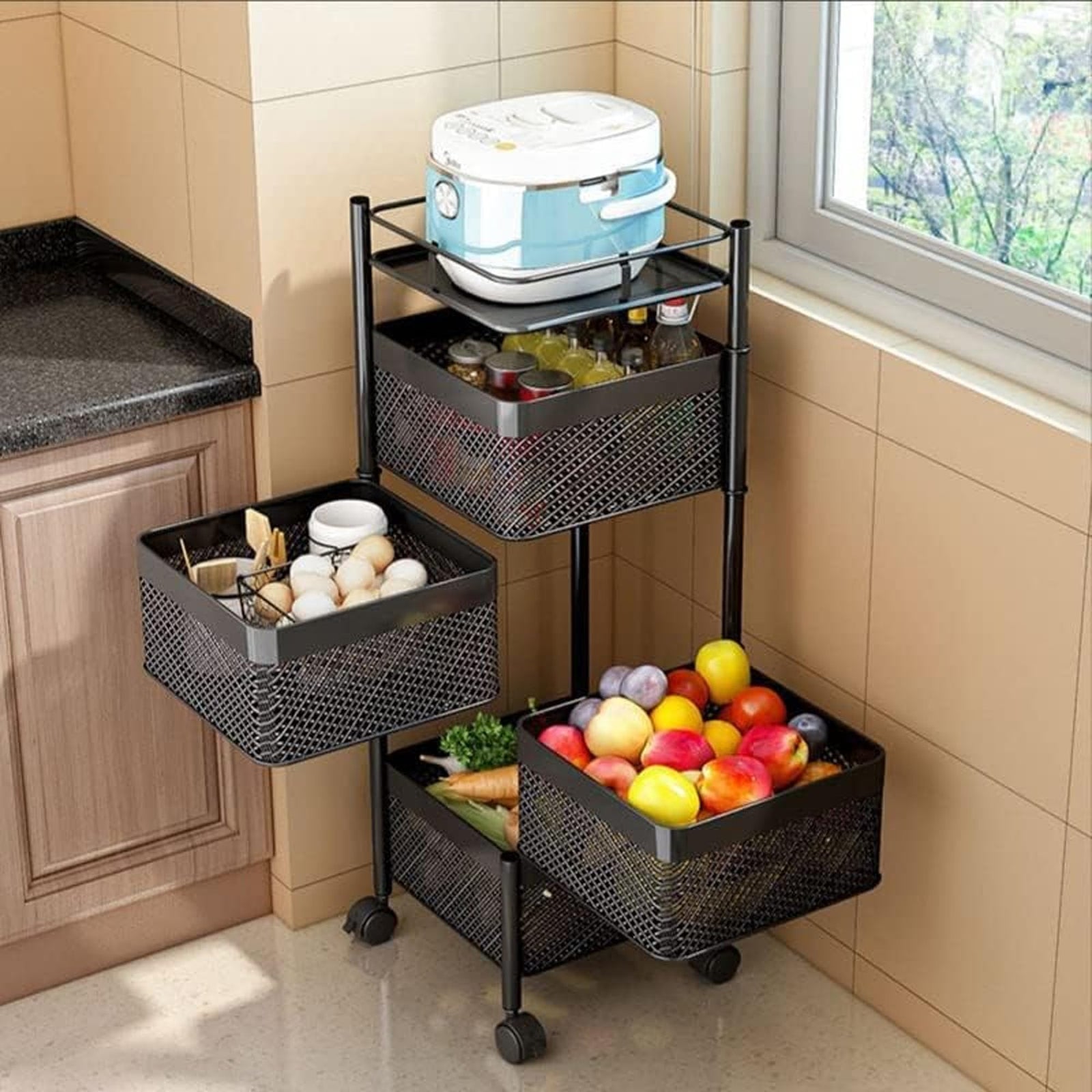 Sulfar Multi Purpose Trolley Storage Organizer And kitchen accessories items for Kitchen Storage Rack Square Design Fruits & Vegetable Onion Cutlery (Matt Black, 4 Layer Drawer)