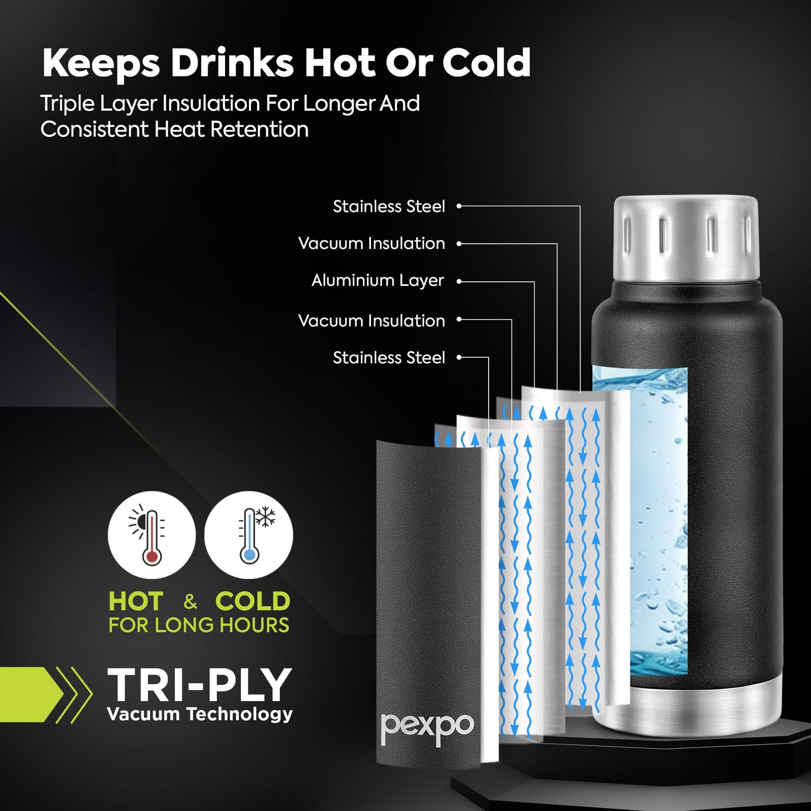 Pexpo Cameo Pro Vacuum Insulated 160ml Stainless Steel Water Bottle - Black Knight| Hot & Cold Upto 4-5 Hours | Leak Proof | Office, School, Gym & Travelling|Men, Women & Kids| Limited RCB Edition