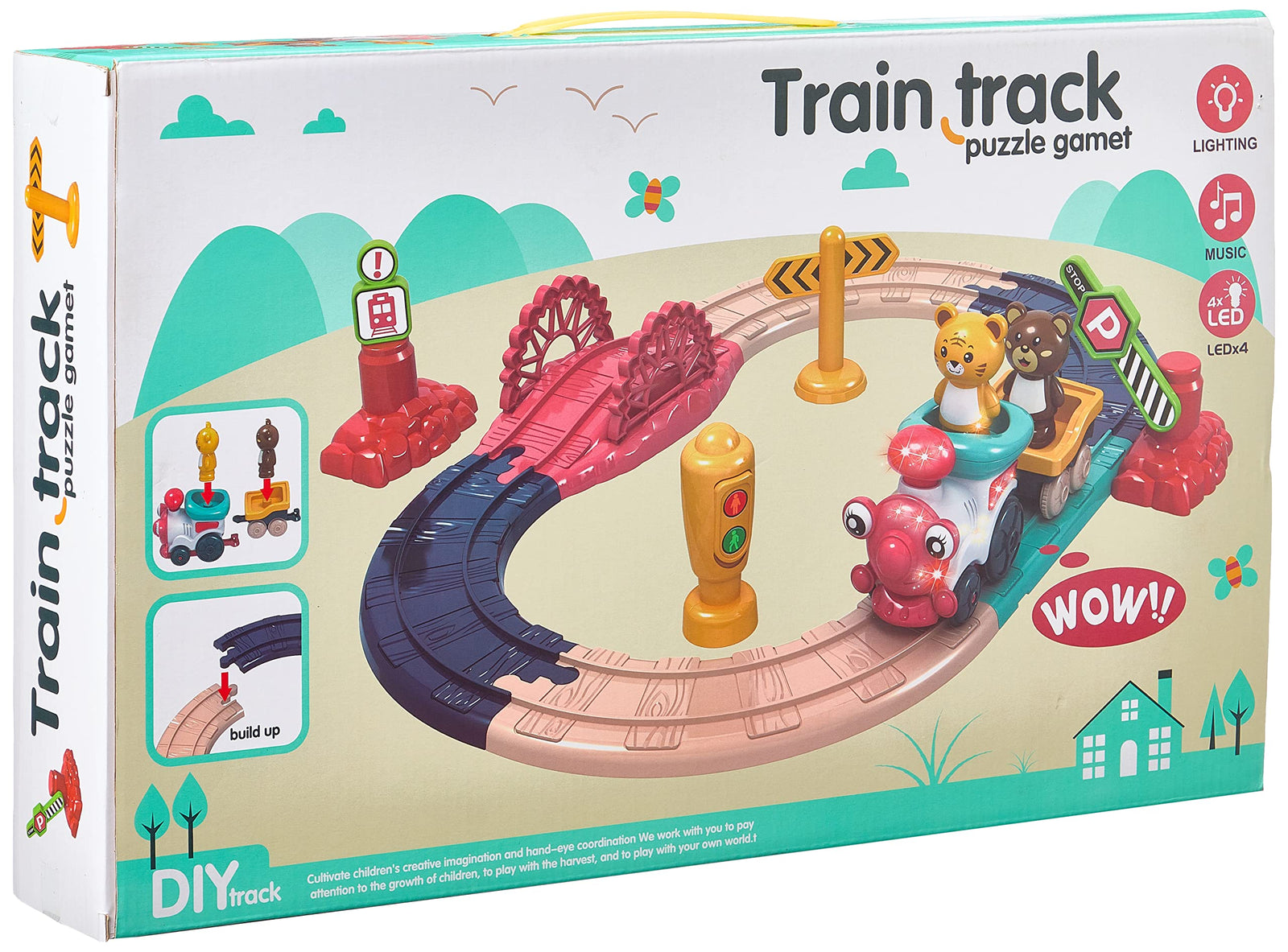 Light music puzzale game track train with drag card animals 22 pcs