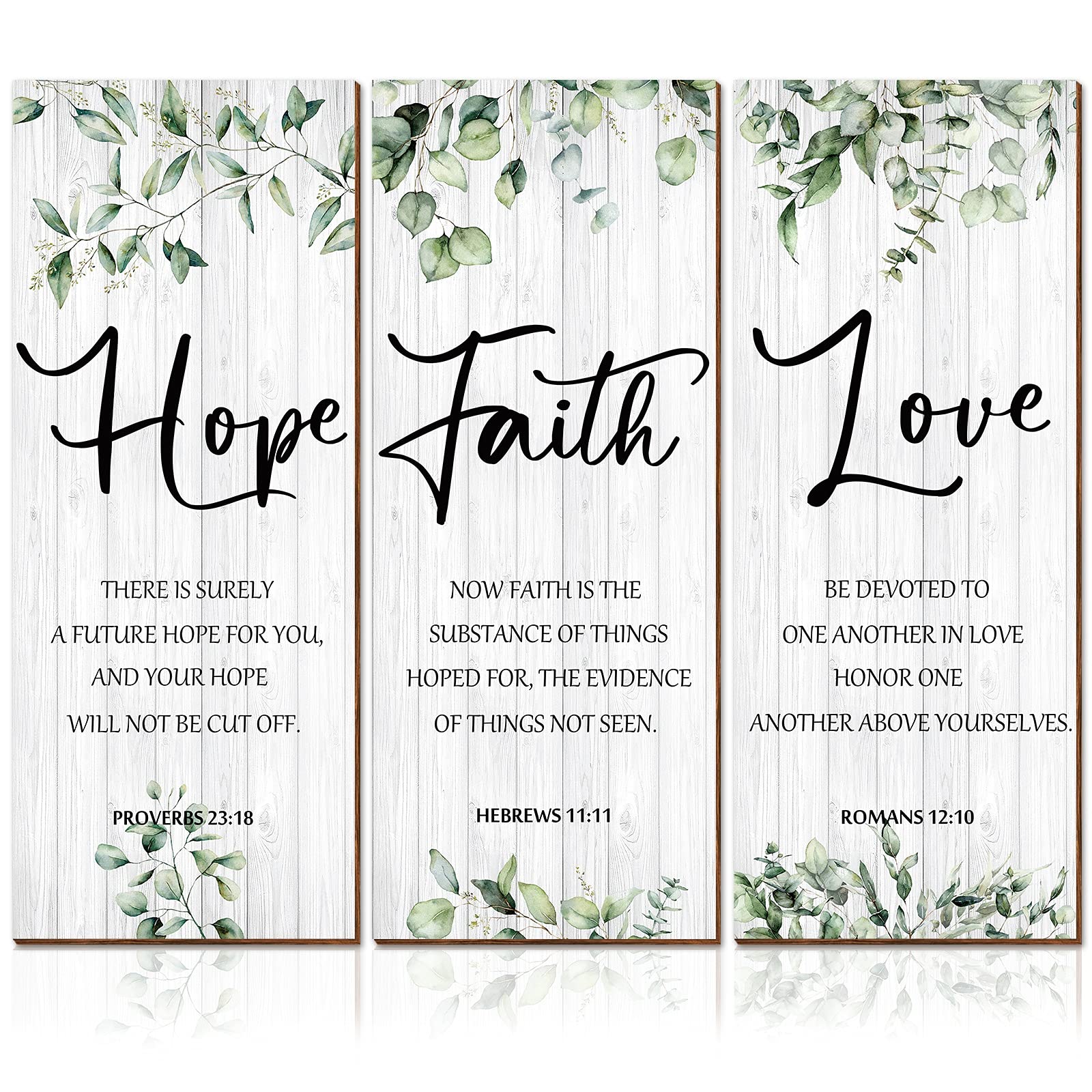 Blulu 3 Pieces Faith Hope Love Wall Decor Bible Verse Inspirational Wall Art Hanging Wall Plaque Rustic Wooden Green Leaves Wall Sign Scripture Quote for Home Bedroom Wall Decoration
