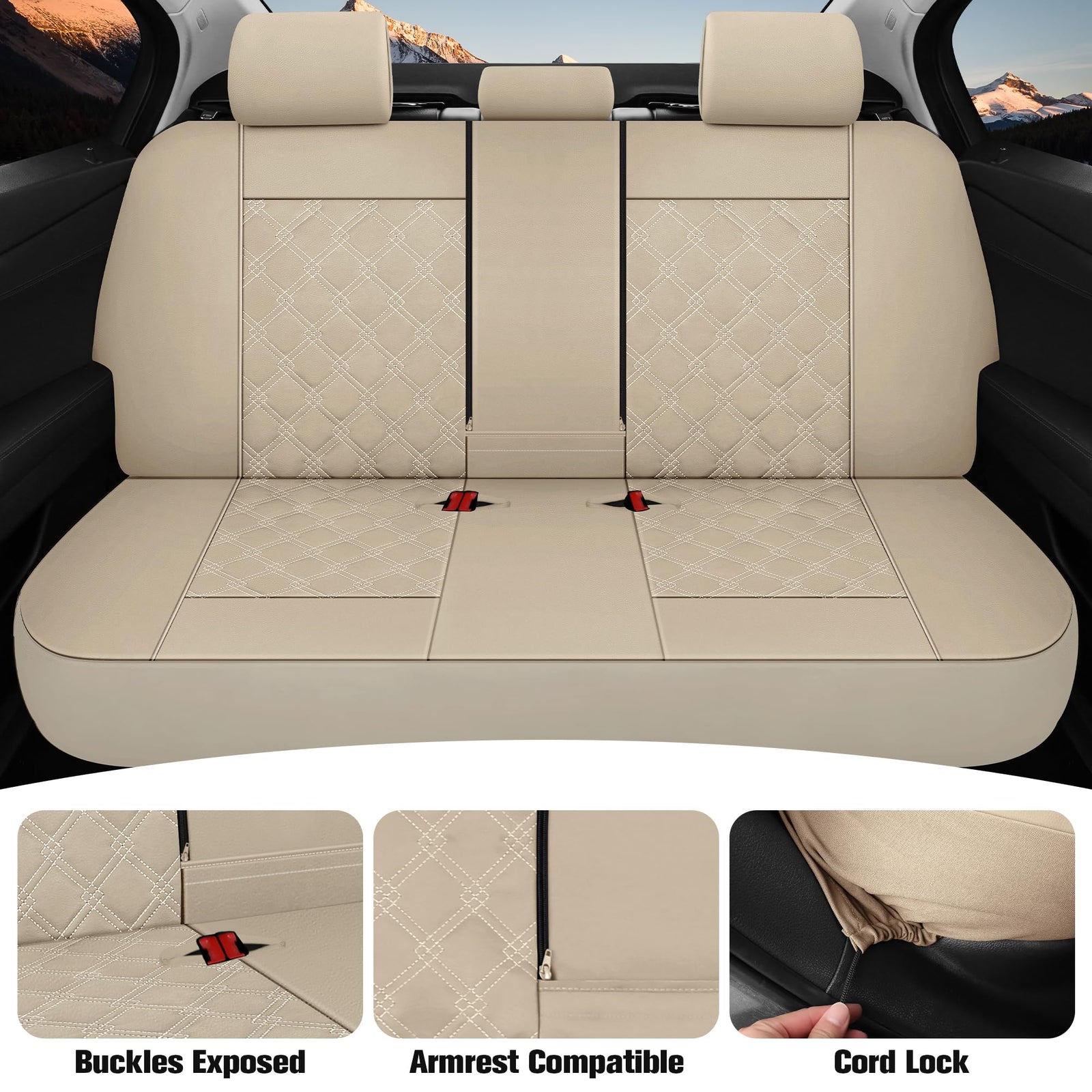 CAROMOP Luxury Leather Car Seat Covers Full Set-Waterproof Seat Protectors with Split Bench Seat Covers for Cars-Universal Cars Interior Covers for Sedans, SUVs, Pick-up Trucks(Beige/Beige Line)