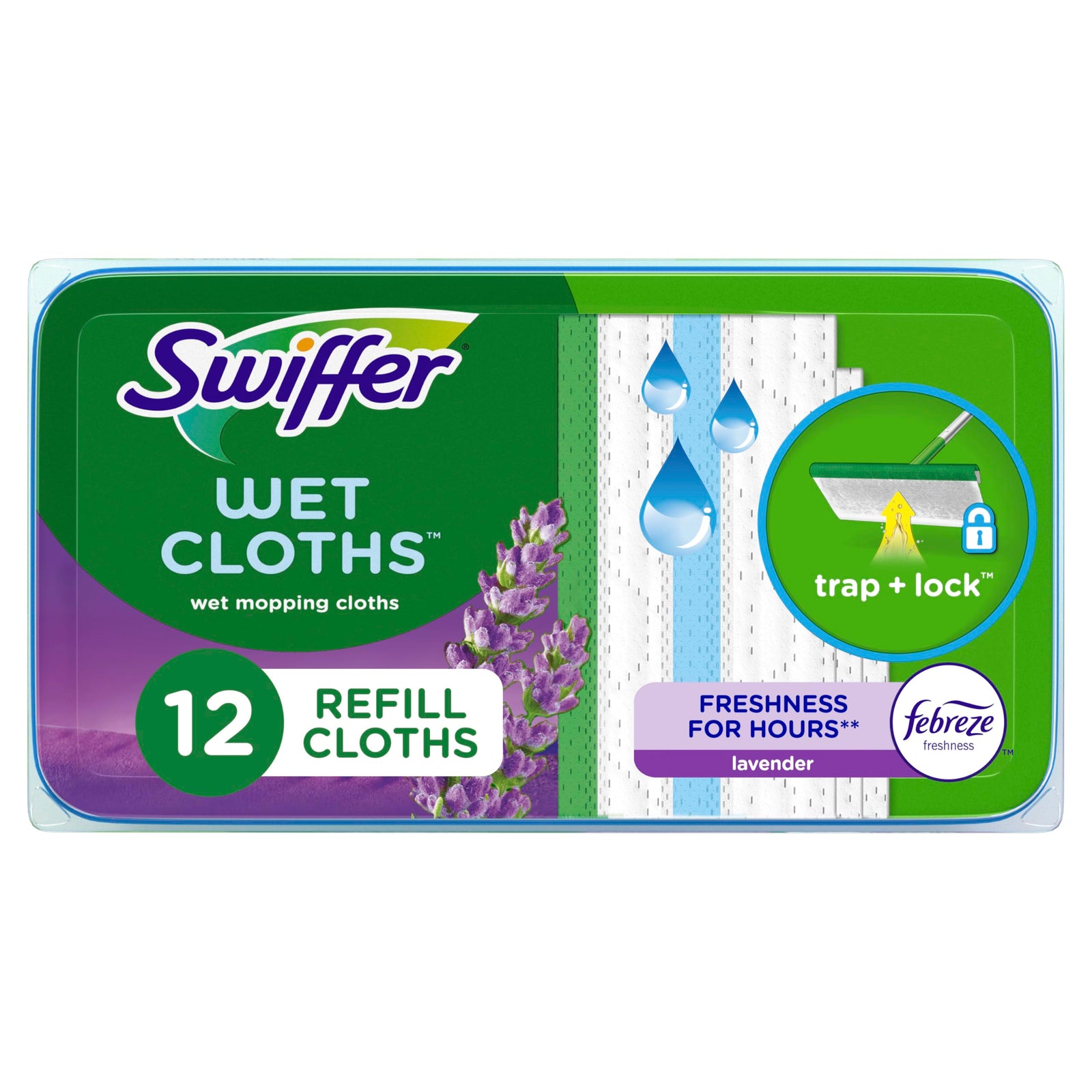 Swiffer Sweeper Wet Mopping Pad Refills For Floor Mop With Febreze Lavender Vanilla & Comfort Scent 12 Count, Green White, 15845