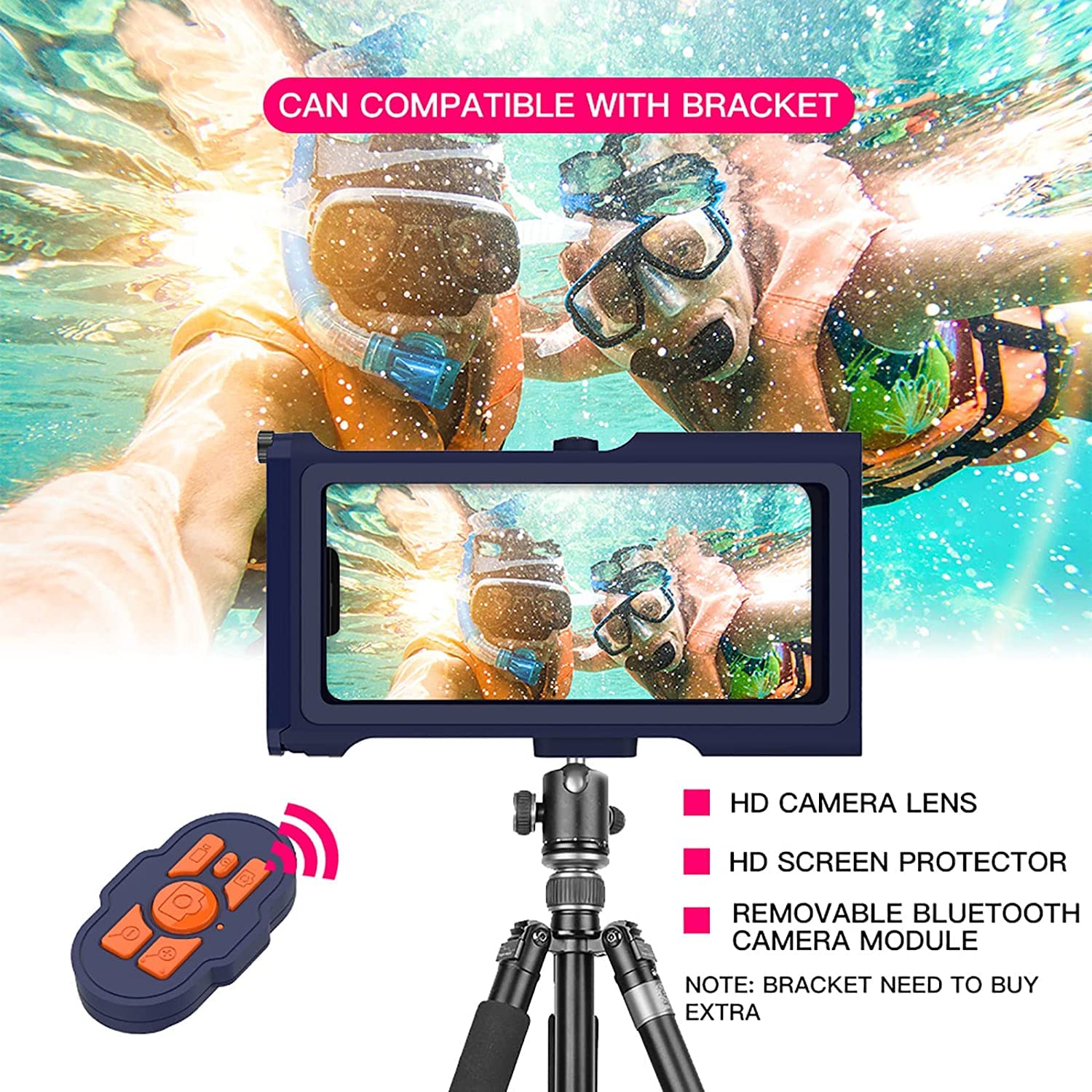 Underwater Snorkeling Diving Waterproof Phone Case for iPhone Samsung Galaxy LG Huawei Series Smartphone Below 6.7inch Universal, Bluetooth Connection Control Cameras Zoom Video with APP (Blue-Orange)