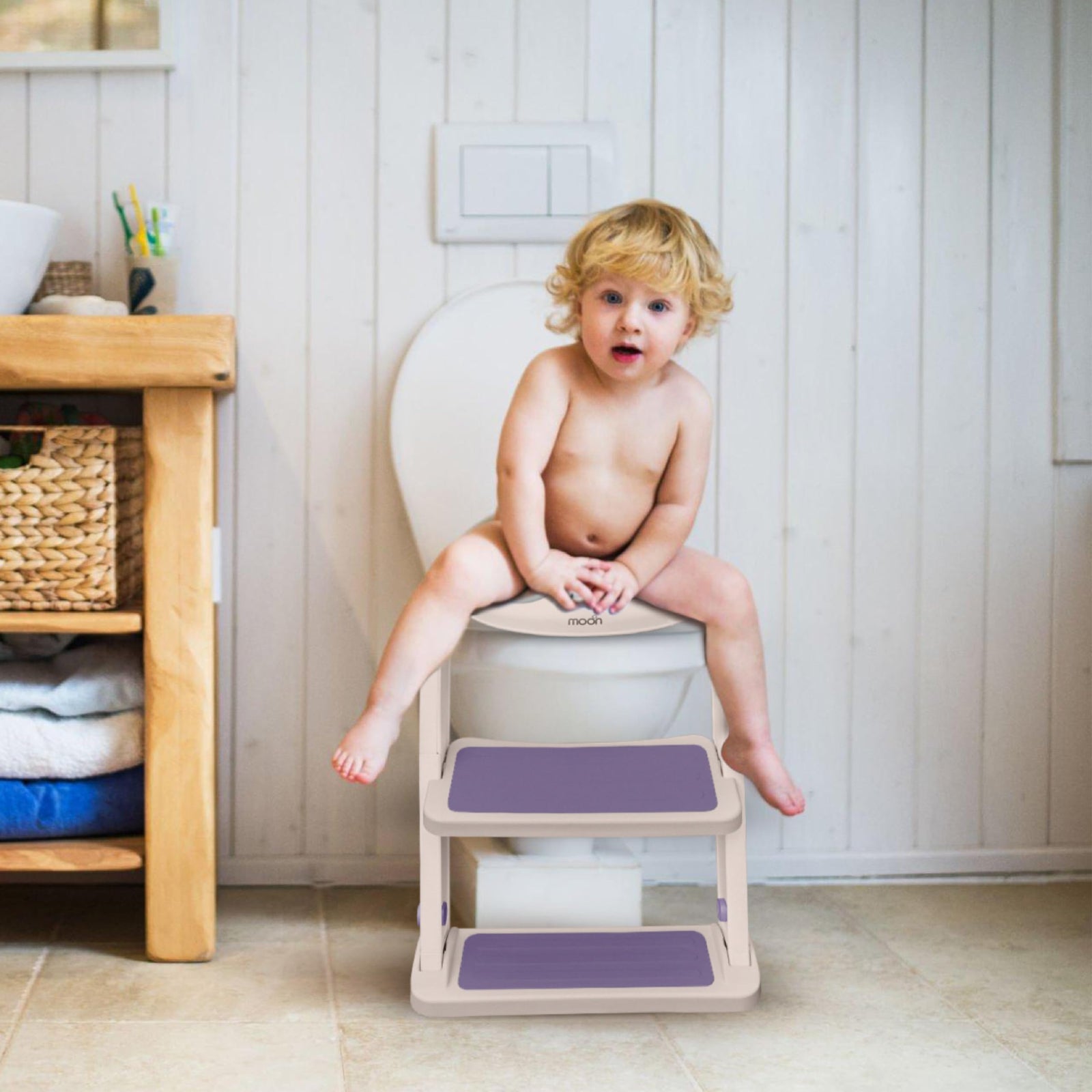 MOON Kids Step Stool Potty Trainer Seat-Safe, Durable - Foldable Potty Training Seat|PU Seat Cushion | Armrests| AntiSlip Pads| SplashProof & Easy to Clean |Fit Most Toilet Seats-Pink and Purple