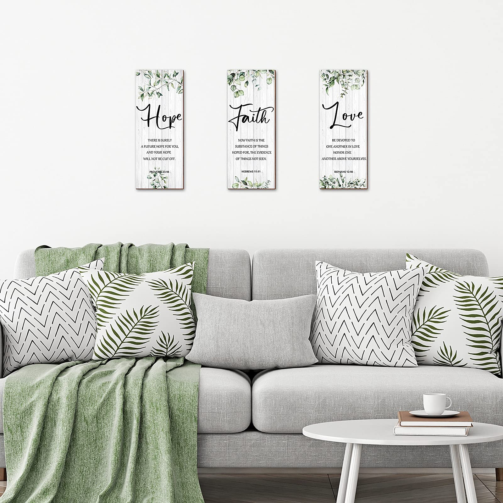Blulu 3 Pieces Faith Hope Love Wall Decor Bible Verse Inspirational Wall Art Hanging Wall Plaque Rustic Wooden Green Leaves Wall Sign Scripture Quote for Home Bedroom Wall Decoration