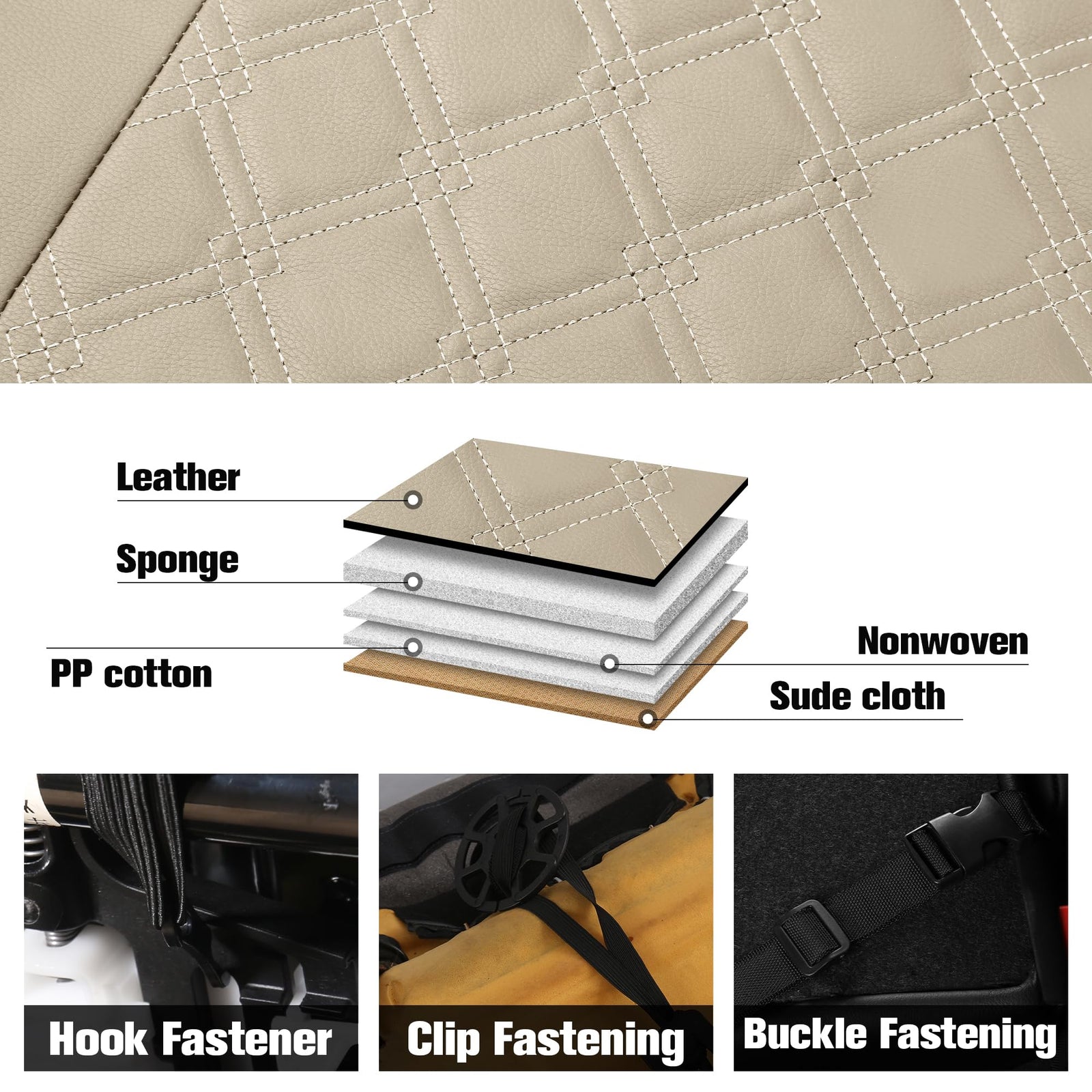 CAROMOP Luxury Leather Car Seat Covers Full Set-Waterproof Seat Protectors with Split Bench Seat Covers for Cars-Universal Cars Interior Covers for Sedans, SUVs, Pick-up Trucks(Beige/Beige Line)